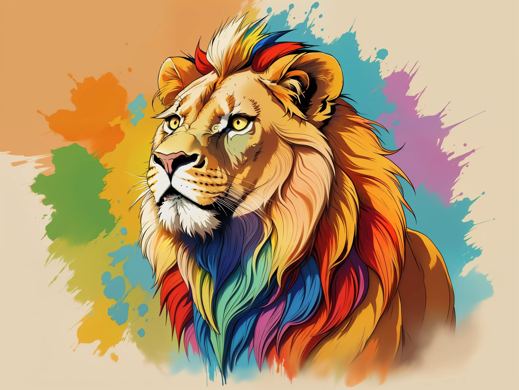 arte centrada for t-shirts, lion olhando para o horizonte, efeito realista, Cores pastel, Paint explosion, ((arte centrada)), lion, Animal