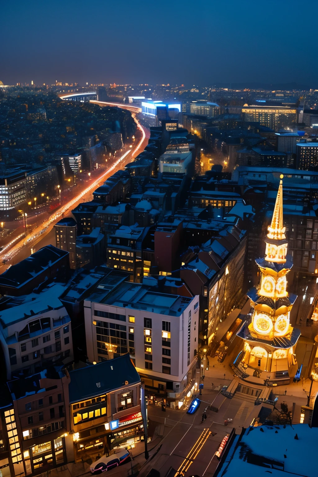 Snowy city、Clock tower、light up、illumination、overlooking、View from above