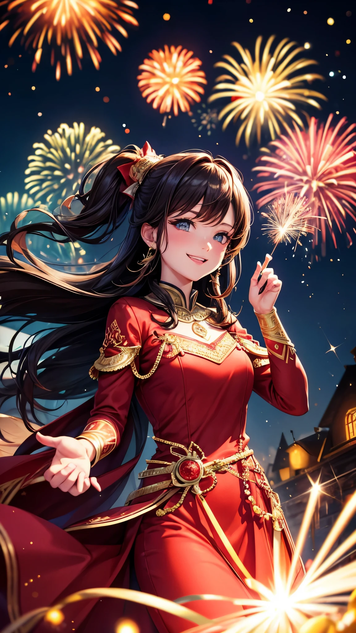 Full HD, Super details, high quality, Loved it, Bokeh, Miss, 30 years, king of stoke, red midi dress, cosmetic, night, fireworks lights, Smile, lens flare