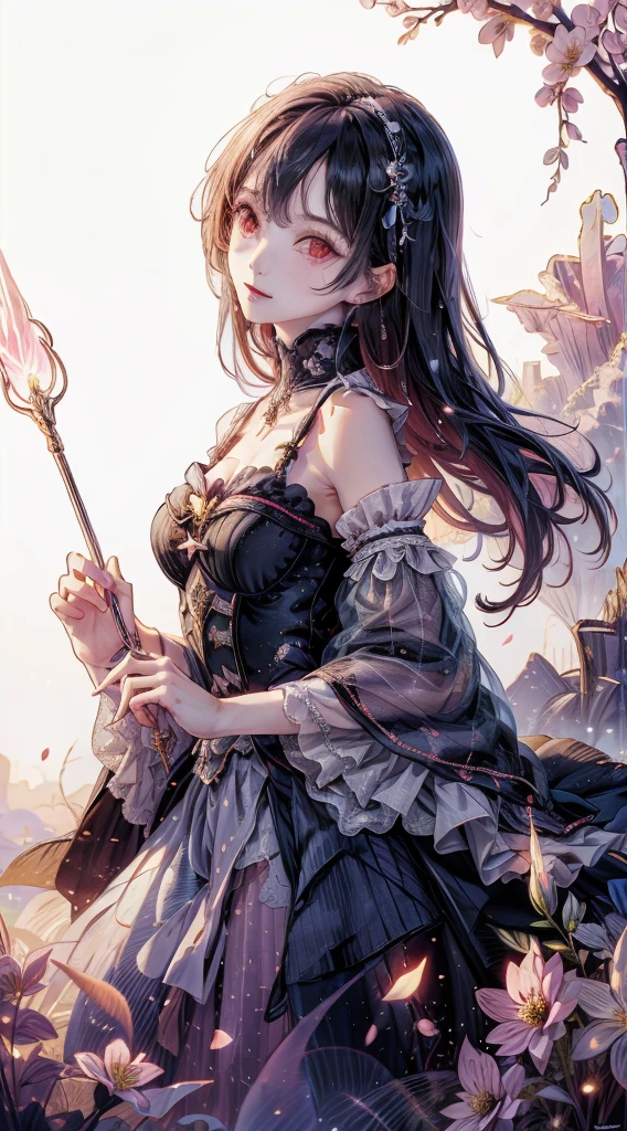 masterpiece, highest quality,1 girl, witch, ((witchの帽子)), Magical girl,black clothes, long pink hair, glowing red eyes, white skin, Slender, magic wand, smile, High Fantasy,dreamy digital painting, magical colors and atmosphere,soft light, fantasy art,small breasts,((sideways glance)),,short,wonderful spring flower mood