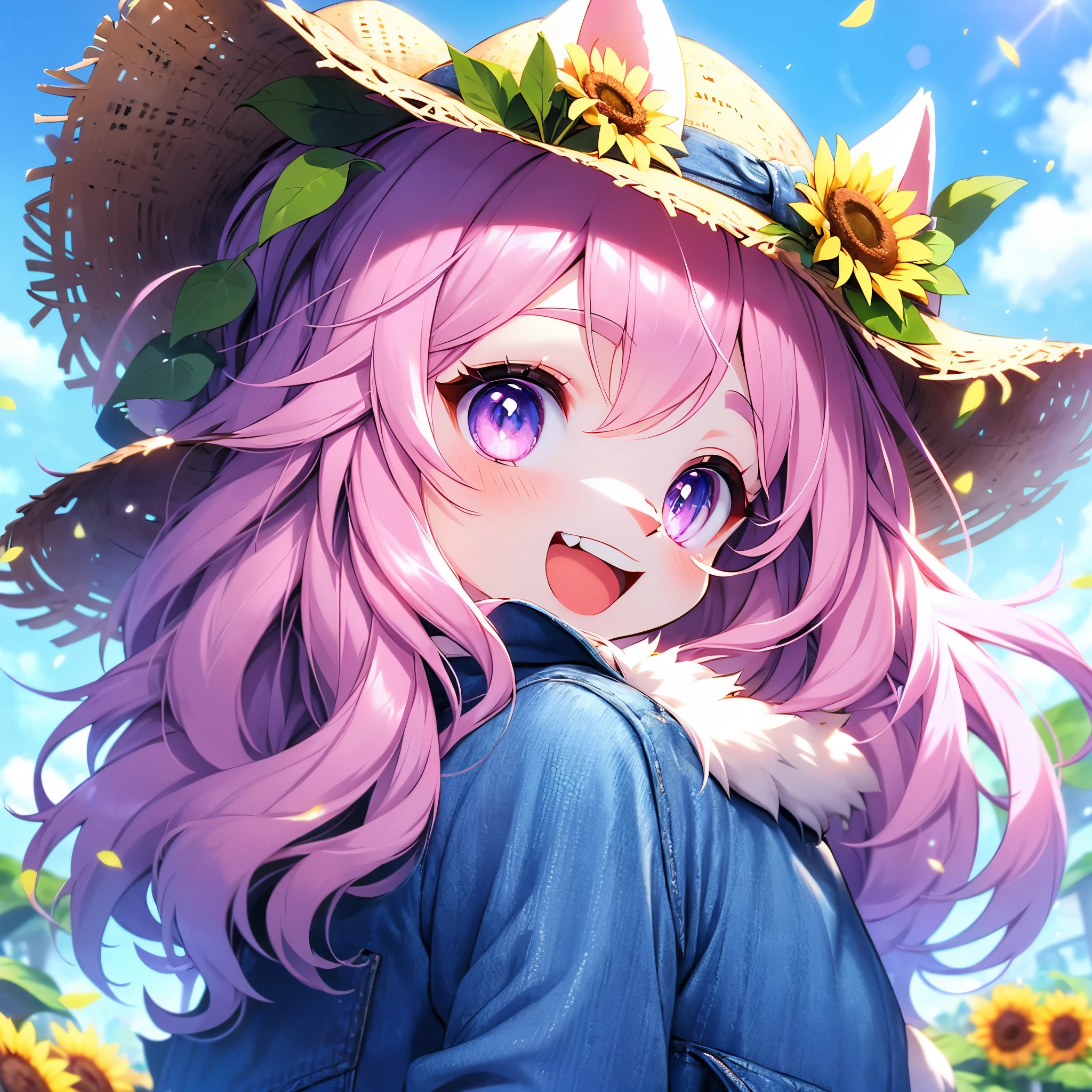 furry cat girl,ultra detailed fur,neck fur,pink long hair,pink fur,straw hat,denim overalls,blush,sunflower around girl, smile,open mouth,happy,looking at viewer,sunshine,blue sky,side view