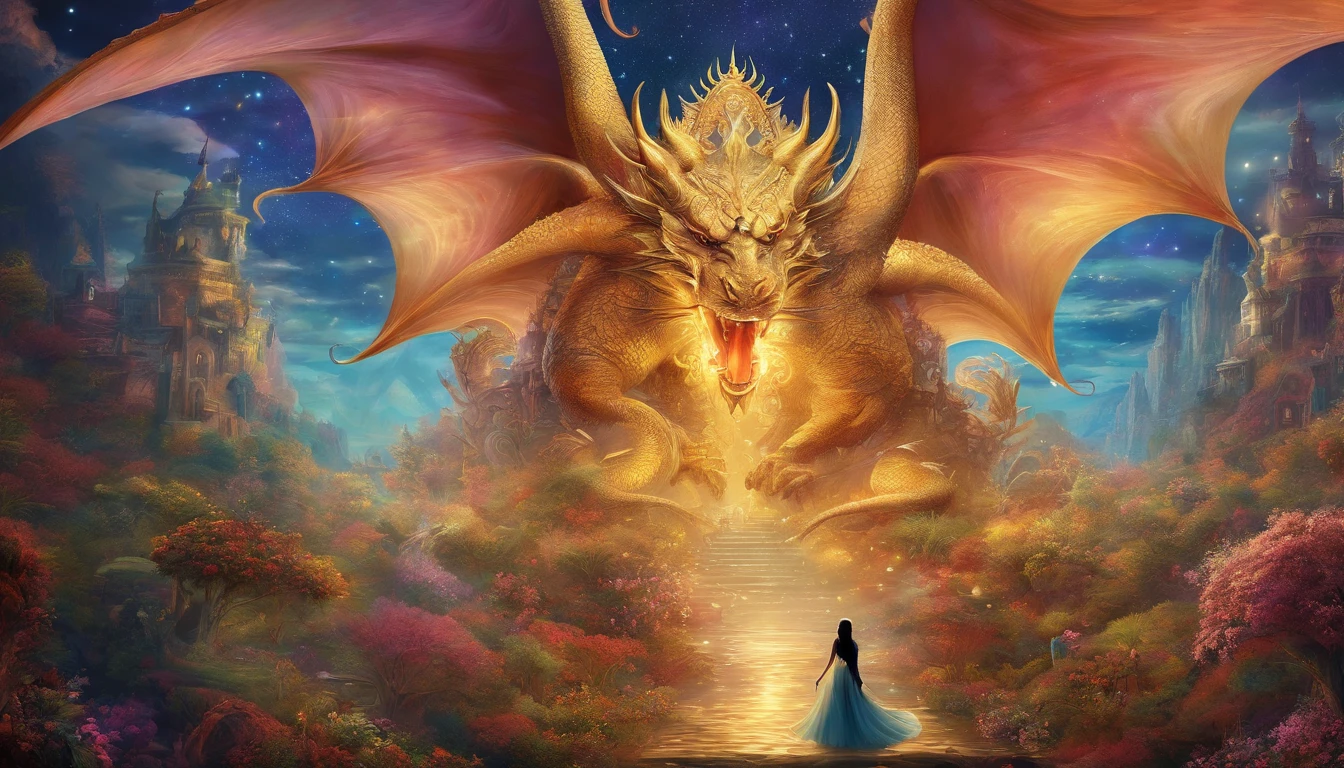 The Princess and the Dragon，Elegant and atmospheric，fantasy，disney，castle，by Gustav Klimt，majestic creature，rim light，ultra high definition, precise, masterpiece, Super details, high quality, high detail, best quality, high resolution, 8k 超high resolution,Exquisite details create a stunning image, Epic effect