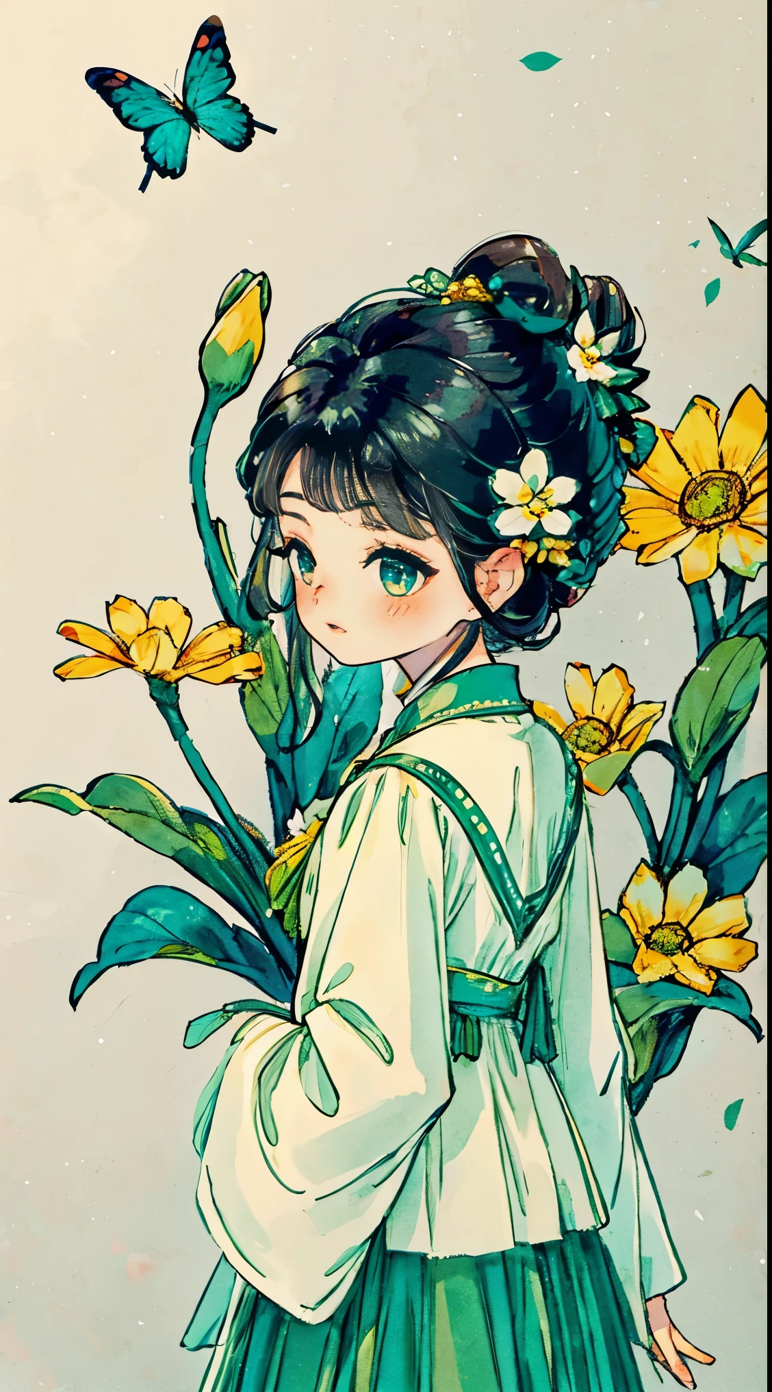 1 Sister, Alone, looking at viewert, face flushed, Background with, black hair color hair, hair adornments, longer sleeves, white backgrounid, everlasting, Full body lesbian, green color, flowers blooming, hairflower, hair-bun, butterflys, tmasterpiece, recent quality, The finest details, Clear facial features, beautidful eyes