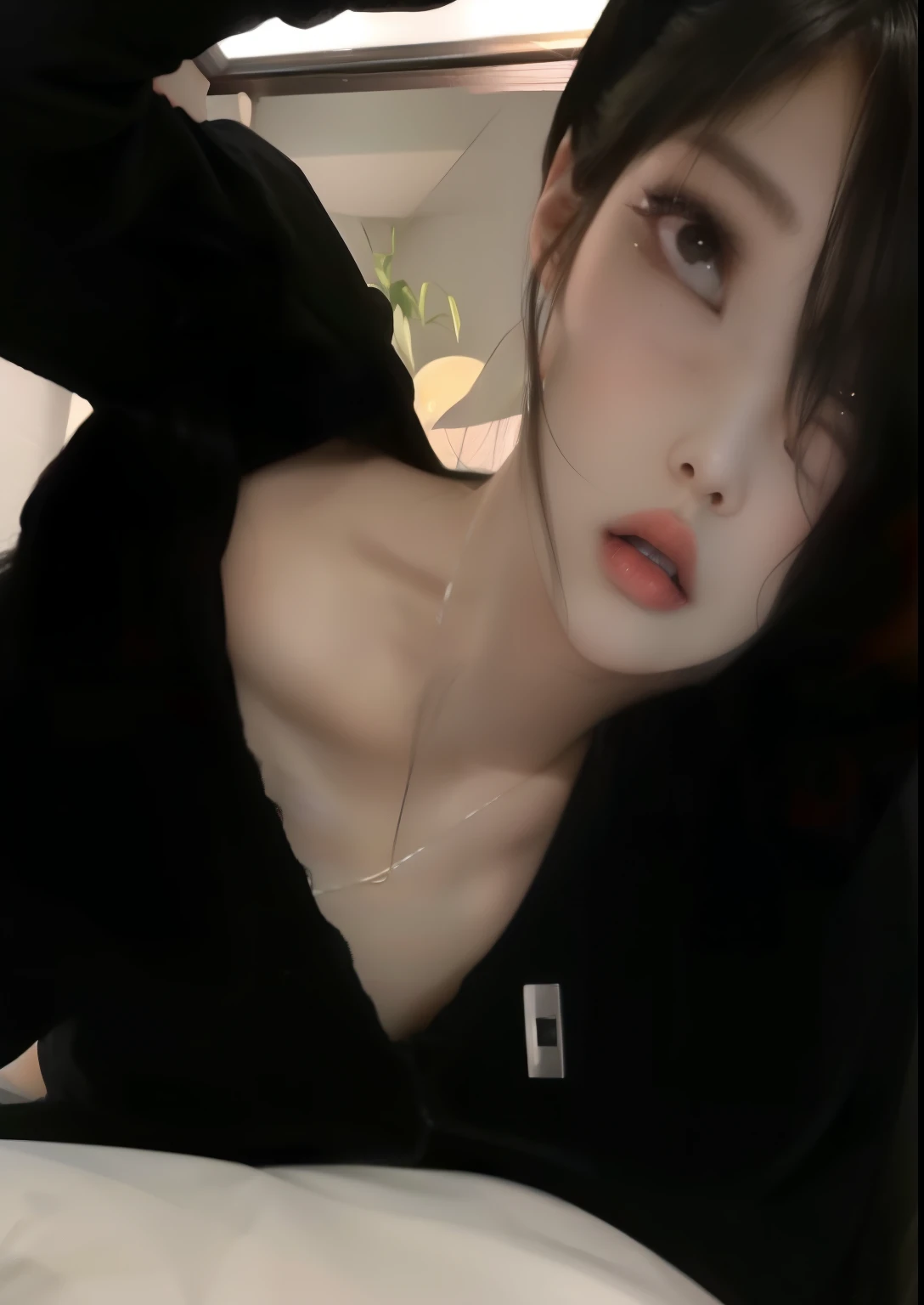 Araffe Asian woman lying on a bed wearing a black shirt, cruel korean gothic girl, Yoshitomo Nara, ulzzang, 1 8 son, sakimichan, heonhwa choe, pale porcelain white skin, sol yunjoo, ella teta, su ombligo esta expuesto, kanliu666, jennie kim blackpink