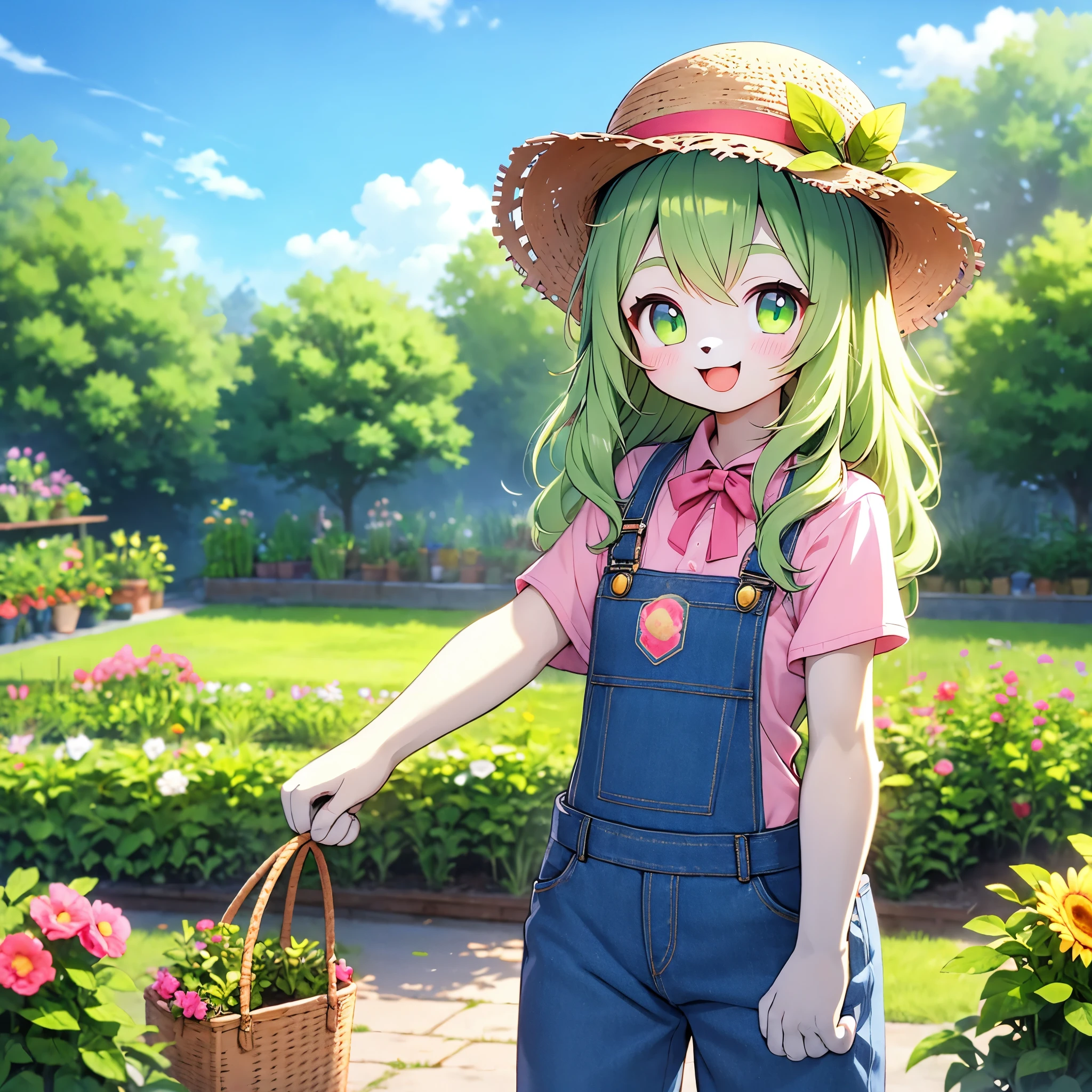 cat furry girl,neck fur,green long hair,pink fur,straw hat,denim overalls,blush,vegetable garden, smile,open mouth,happy,looking at viewer,sunshine,blue sky