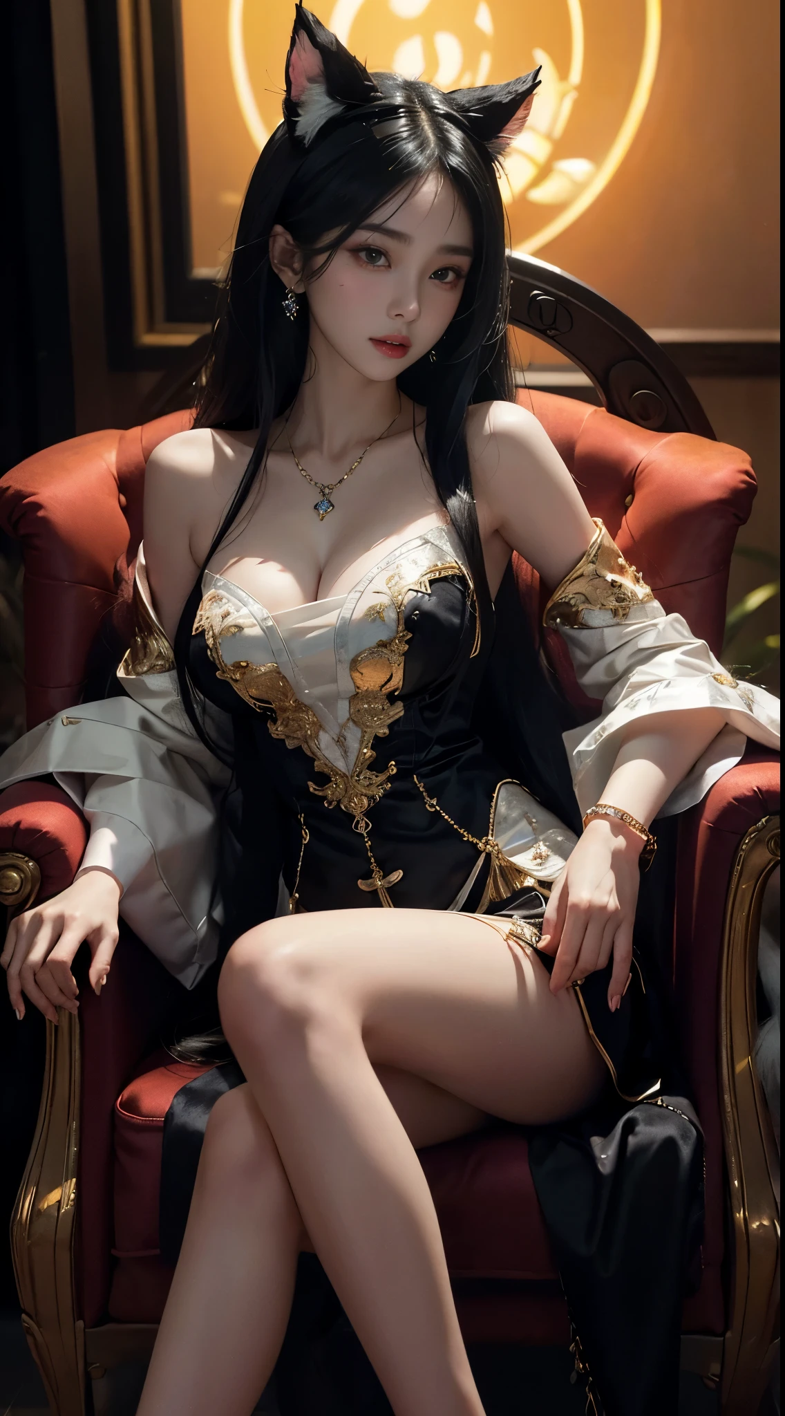 Ahri_Cosplay, White Tails, Black long hair, yellow eyes, ((full body)), ((sitting position)), ((sit in armchair)), ((stool dance)), clear face, pretty face, 8k, masterpiece, original photo, best quality, detail:1.2,lifelike, detail, Very detailed, CG, unified, wallpapers, depth of field, movie light, lens flare, Ray tracing, (extremely beautiful face, beautiful lips, beautiful eyes), intricate, detail的脸, ((ultra detailed skin)), 1 girl, in the darkness, deep shadow, beautiful korean girl, kpop idol,(Very slim figure:1.3), A plump chest, Slender sexy legs, elegant posture, (bright smile), (City night, (neon lights), (night), beautiful korean girl, white diamond earrings, Diameter bracelet, Dia necklace, clear eyes, (big eyes)