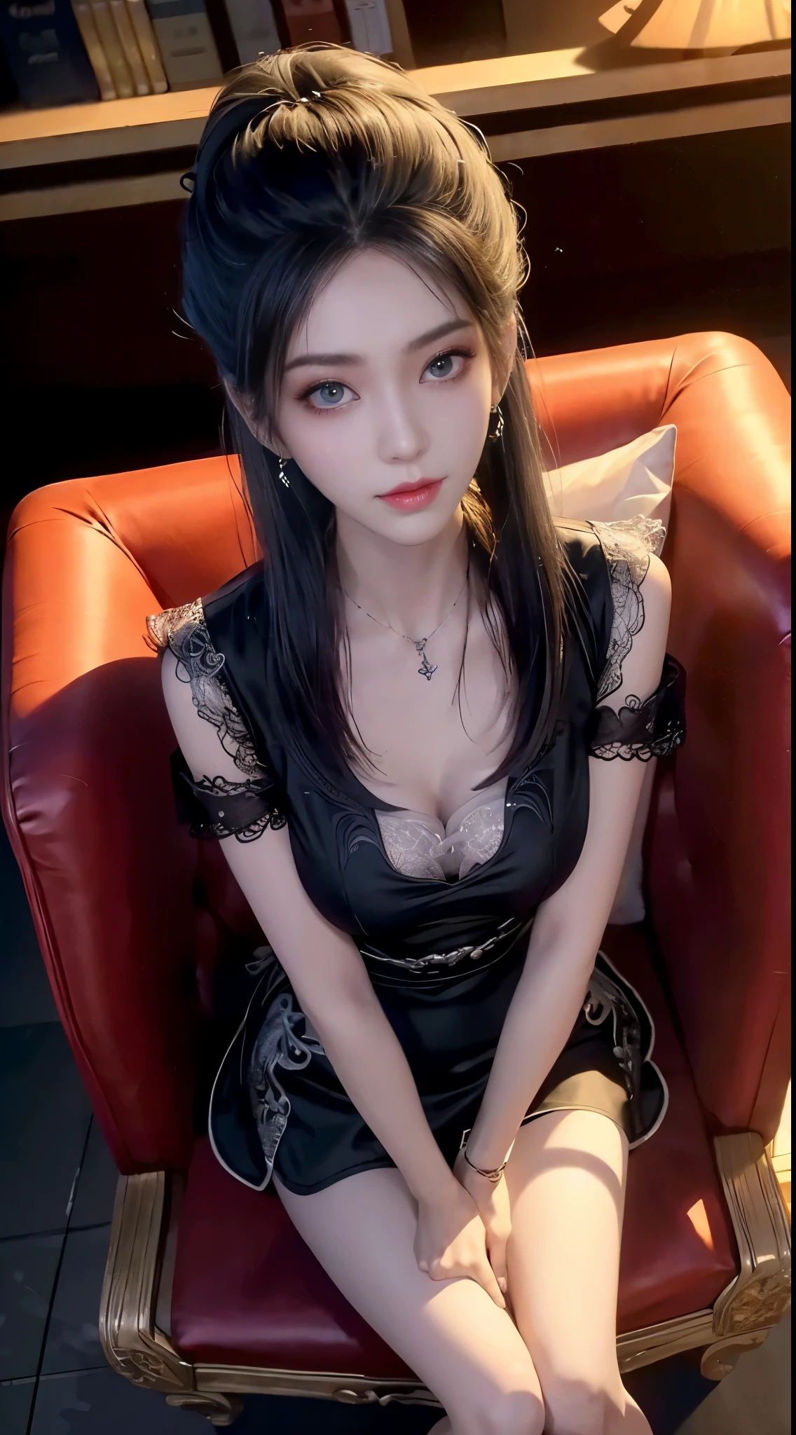 ((full body)), ((sitting position)), ((sit in armchair)), ((stool dance)), clear face, pretty face, 8k, masterpiece, original photo, best quality, detail:1.2,lifelike, detail, Very detailed, CG, unified, wallpapers, depth of field, movie light, lens flare, Ray tracing, (extremely beautiful face, beautiful lips, beautiful eyes), intricate, detail的脸, ((ultra detailed skin)), 1 girl, in the darkness, deep shadow, beautiful korean girl, kpop idol,(Very slim figure:1.3), A plump chest, Slender sexy legs, elegant posture, (bright smile), (City night, (neon lights), (night), beautiful korean girl, white diamond earrings, Diameter bracelet, Dia necklace, clear eyes, (big eyes)