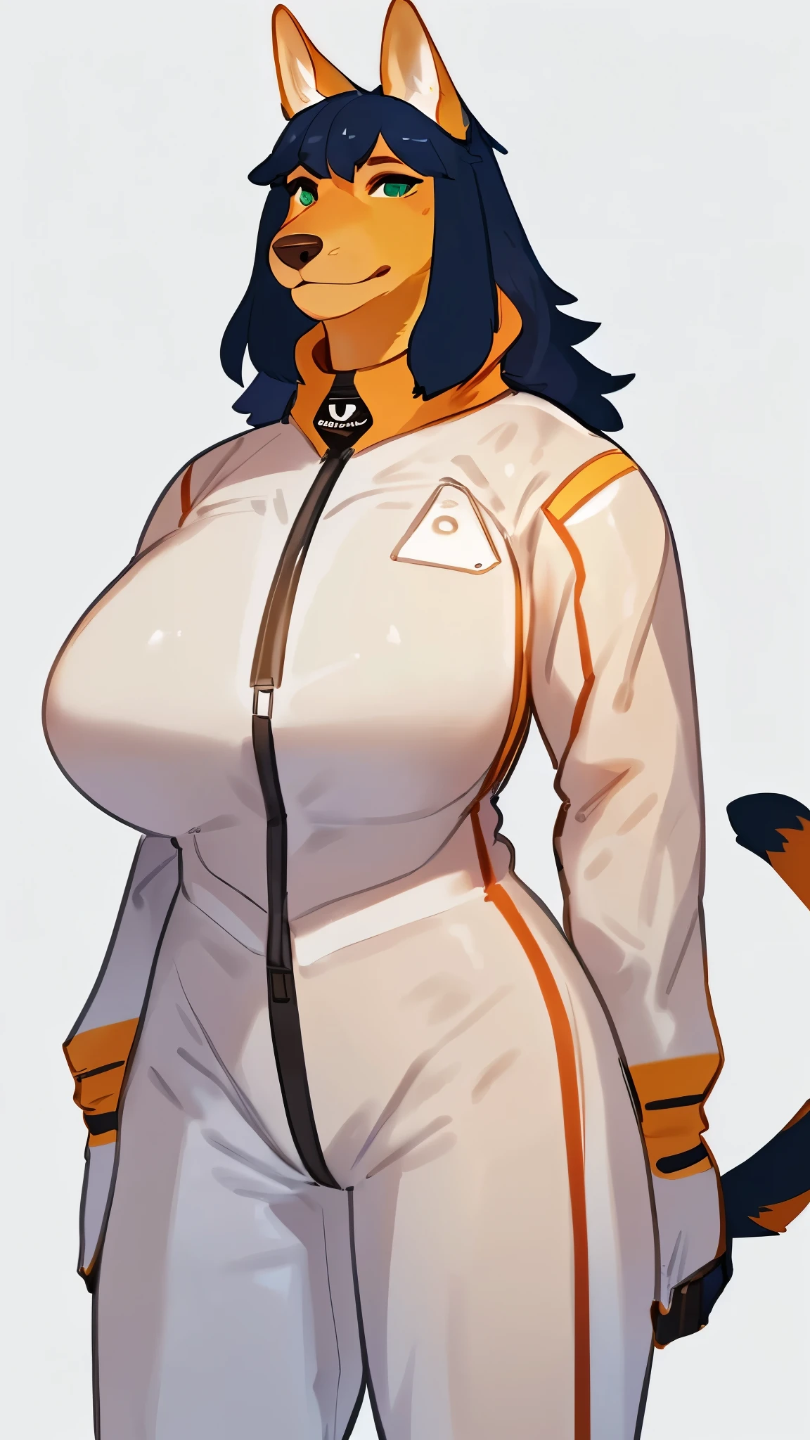 By bebebebebe, by lostgoose, by goonie-san, solo, female, canine, (((hair, corso))), standing, (tail, snout, detailed eyes), standing, (french city), ((prada spacesuit)), adult, mature, big breasts