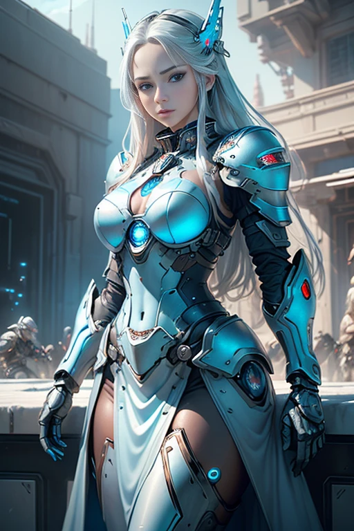 Photorealistic image ((masterpiece)), ((High quality)) UHD 8K, beautiful girl , Slim and realistic transformable robot, (medium breasts), (thin waist), (Long silver hair), (Blue eyes), ((Hyper realistic mecha armor, with red metal and intricate icy blue lights)), (in combat position, In a futuristic ship, Science fiction