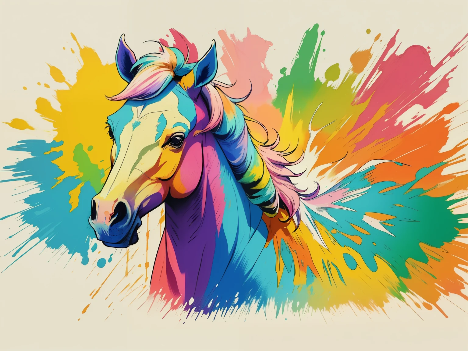 arte centrada for t-shirts, animal olhando para o horizonte, efeito realista, Cores pastel, Paint explosion, ((arte centrada)), Animal, cavalo, equino