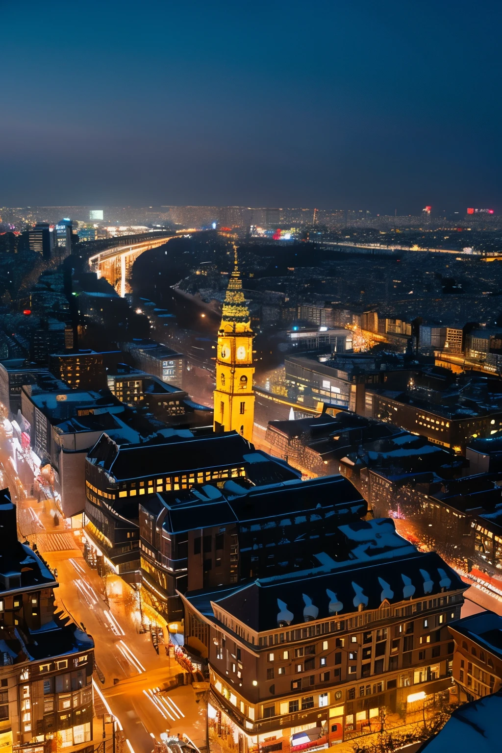 Snowy city、Clock tower、light up、illumination、overlooking、View from above