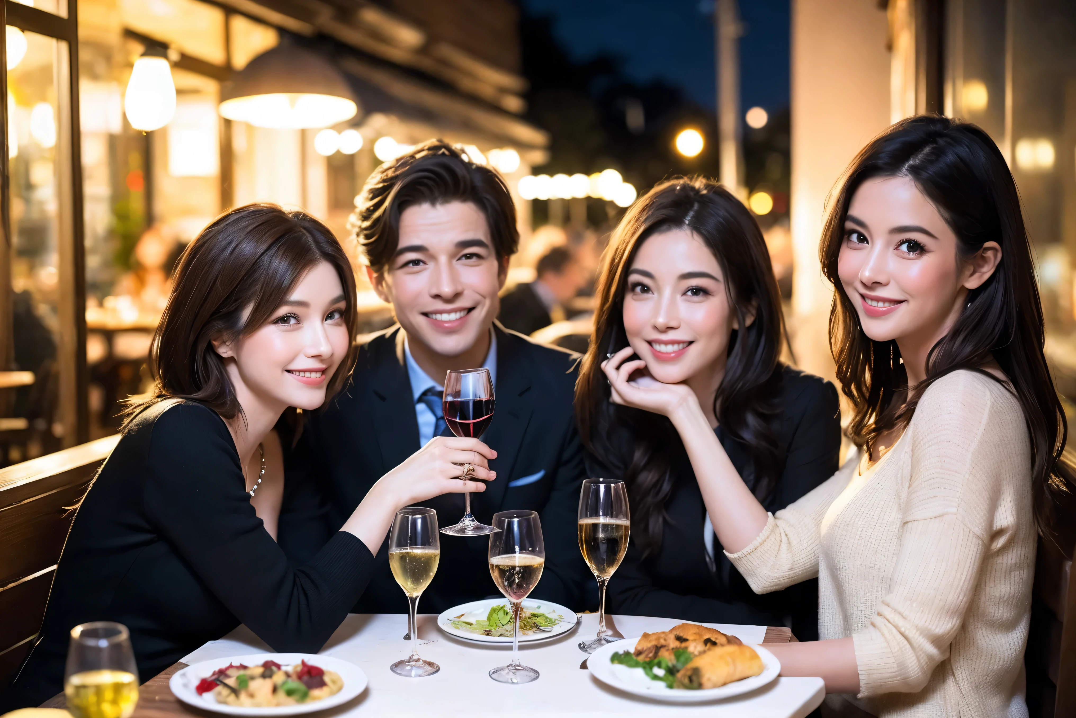 64k, UHD, highest quality, masterpiece: 1.2), (realistic, photorealistic: 1.37), Super detailed, celebration party、beauty、beautiful mature woman、3 women who love wine、Three Men、champagne、Sparkling wine、winter night、restaurantでワイン宴会、(slimな男女4名),(Wine party for 5 people)、(slimフェイス),Happy、 最高なsmile、Fox Face、Raccoon face、Berry Short、(because I'thin), (brown hair), (shortcut), long sleeve shirt、winter fashion、Colombia、Brazilian、Japanese、Dutch、German、Portuguese、Belgian、Italian、french, (gushing), (slimボティ), (brown hair), (shortcut), 端正なbeauty、cheeks blush a little, (41 years old), 38 years old, 35 years old、 A beautiful and detailed night view spreads out outside the window....., restaurant, wine glassが座っている, At night, in a prominent place (from the Upper body) nova frog style, actress, model, Upper body, White wine, slim, wine glass, Very beautiful night view, wine glass Put in the Middle, Happy smile, (smile: 1.15),