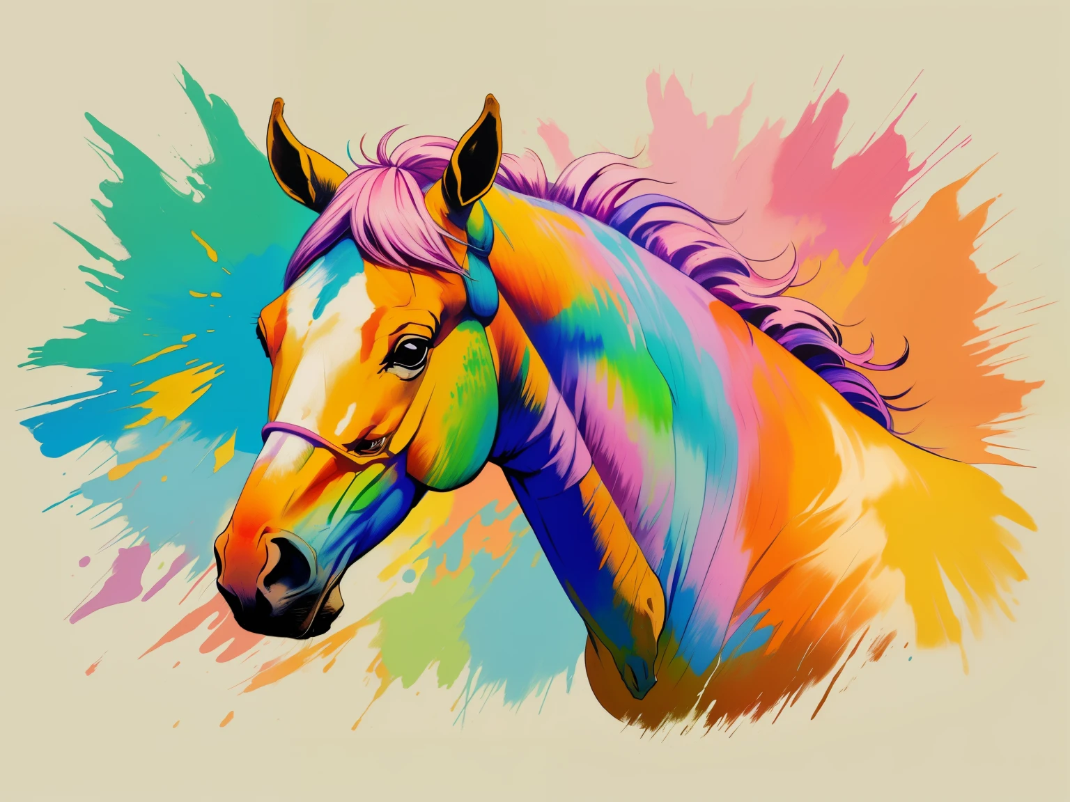 arte centrada for t-shirts, animal olhando para o horizonte, efeito realista, Cores pastel, Paint explosion, ((arte centrada)), Animal, cavalo, equino