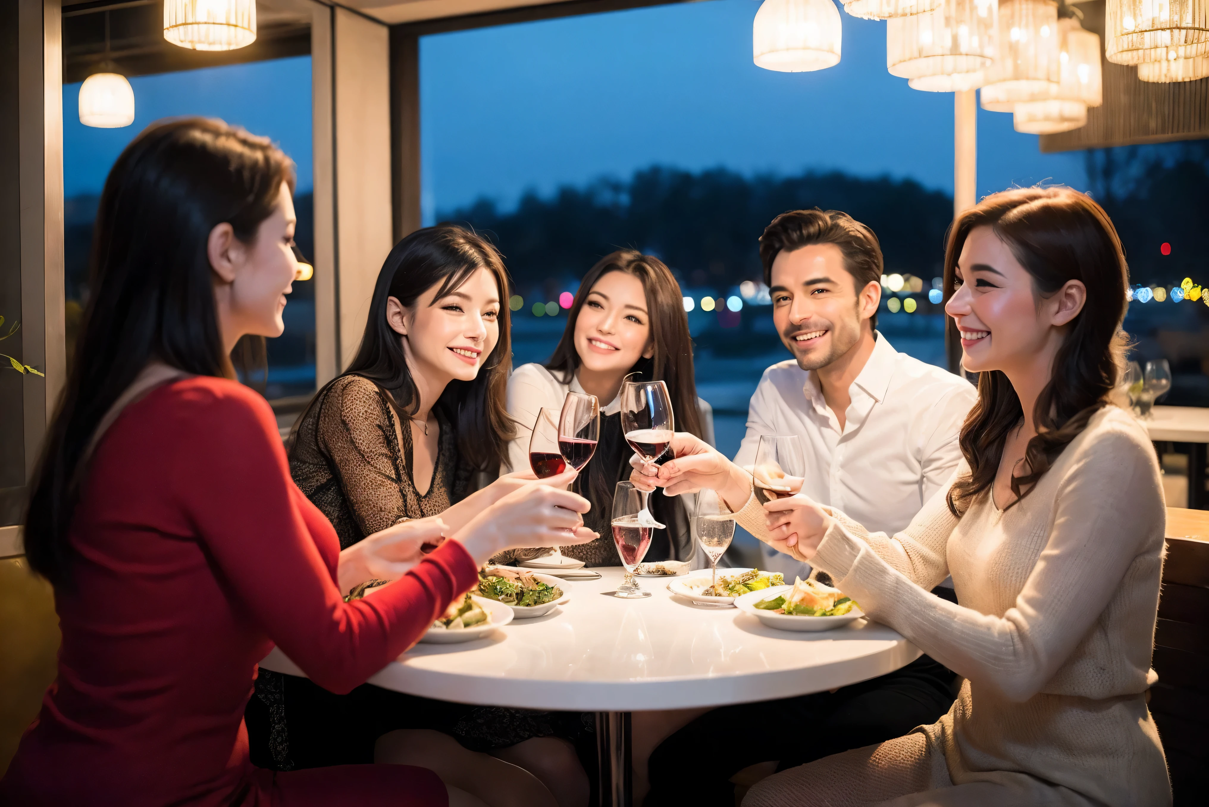 64k, UHD, highest quality, masterpiece: 1.2), (realistic, photorealistic: 1.37), Super detailed, celebration party、beauty、beautiful mature woman、3 women who love wine、Three Men、champagne、Sparkling wine、winter night、restaurantでワイン宴会、(slimな男女4名),(Wine party for 5 people)、(slimフェイス),Happy、 最高なsmile、Fox Face、Raccoon face、Berry Short、(because I'thin), (brown hair), (shortcut), long sleeve shirt、winter fashion、Colombia、Brazilian、Japanese、Dutch、German、Portuguese、Belgian、Italian、french, (gushing), (slimボティ), (brown hair), (shortcut), 端正なbeauty、cheeks blush a little, (41 years old), 38 years old, 35 years old、 A beautiful and detailed night view spreads out outside the window....., restaurant, wine glassが座っている, At night, in a prominent place (from the Upper body) nova frog style, actress, model, Upper body, White wine, slim, wine glass, Very beautiful night view, wine glass Put in the Middle, Happy smile, (smile: 1.15),