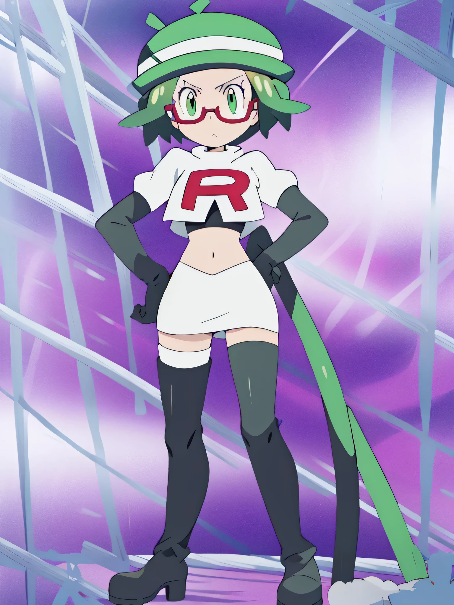 masterpiece, best quality, highres,team rocket uniform, red letter r, white skirt, white crop top, black thigh-high boots, black elbow gloves, glaring angrily, looking at viewer, hands on hips, full body seen, zettai ryouiki, Bianca, green hat, glasses, pov pussy focus
