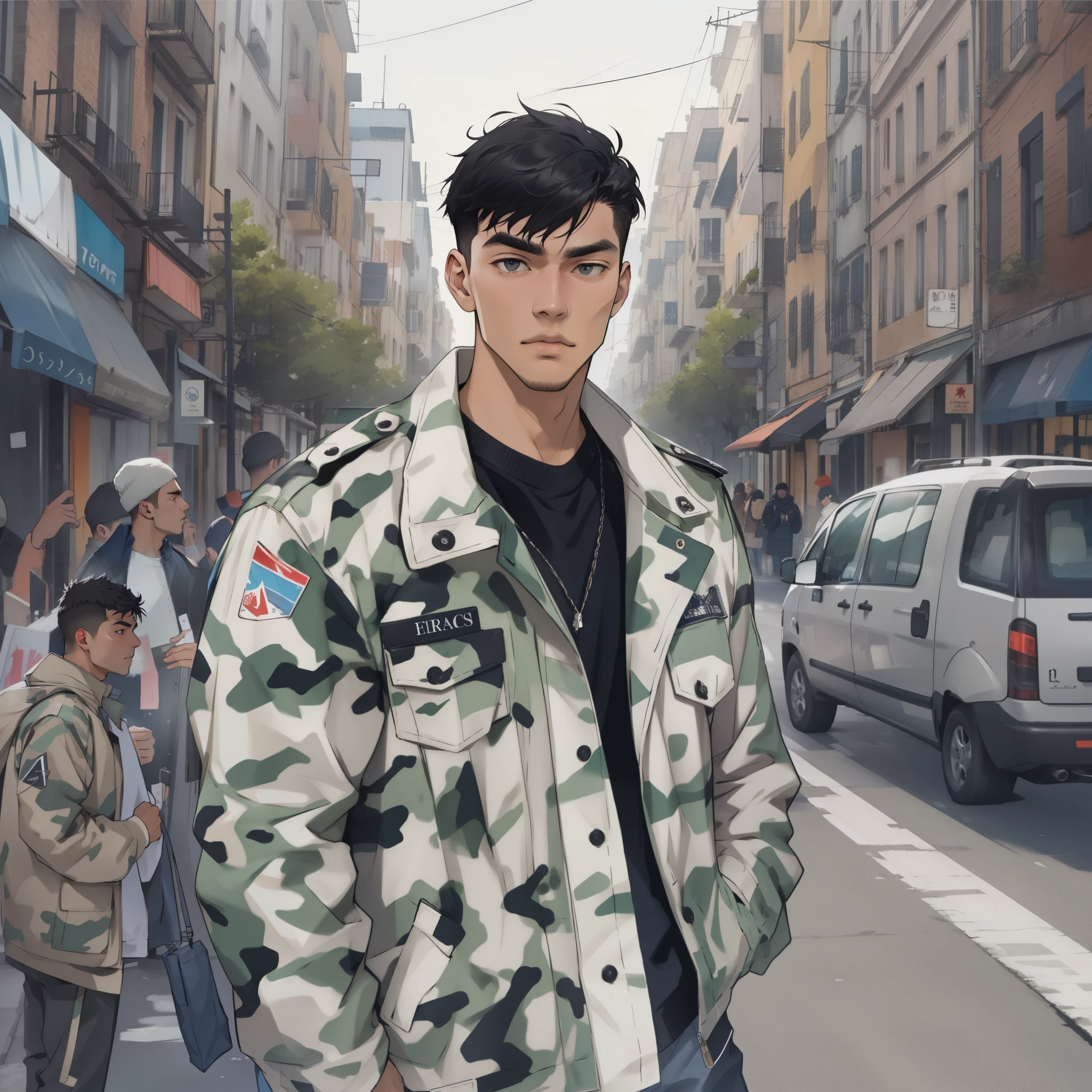 male_focus, solo, short_black_hair, muscular, white_camouflage_jacket, dior, varsace, in_the_middle_of_the_street, the_street_is_lined_by_enthusiastic_fans,((Best Quality)), ((Masterpiece)), (Very Detailed:1.3)