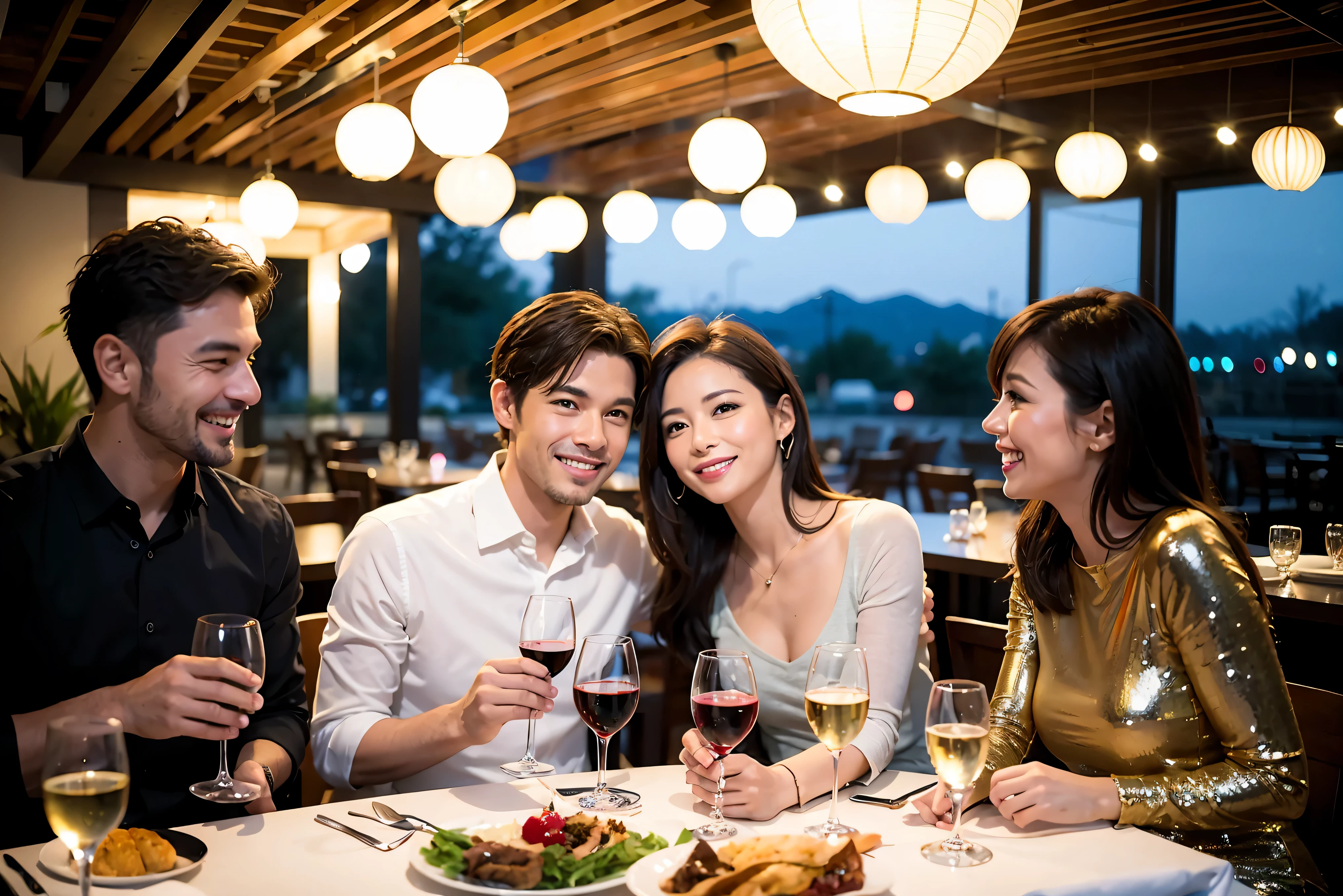 64k, UHD, highest quality, masterpiece: 1.2), (realistic, photorealistic: 1.37), Super detailed, celebration party、beauty、beautiful mature woman、3 women who love wine、Three Men、champagne、Sparkling wine、winter night、restaurantでワイン宴会、(slimな男女4名),(Wine party for 5 people)、(slimフェイス),Happy、 最高なsmile、Fox Face、Berry Short、(because I'thin), (brown hair), (shortcut), long sleeve shirt、winter fashion、Japanese、Dutch、German、Portuguese、Belgian、Italian、french, (gushing), (slimボティ), (brown hair), (shortcut), 端正なbeauty、cheeks blush a little, (34 years old), 38 years old, alone, A beautiful and detailed night view spreads out outside the window....., restaurant, wine glassが座っている, At night, in a prominent place (from the Upper body) nova frog style, actress, model, Upper body, White wine, slim, wine glass, Very beautiful night view, wine glass Put in the Middle, Happy smile, (smile: 1.15),