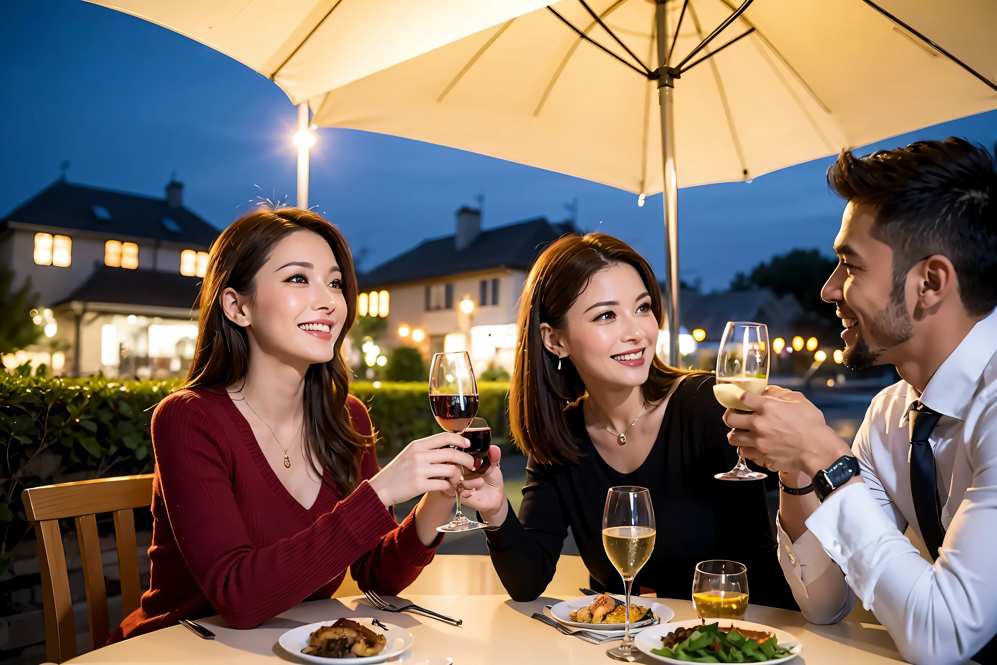 64k, UHD, highest quality, masterpiece: 1.2), (realistic, photorealistic: 1.37), Super detailed, celebration party、beauty、beautiful mature woman、3 women who love wine、Three Men、champagne、Sparkling wine、winter night、restaurantでワイン宴会、(slimな男女4名),(Wine party for 5 people)、(slimフェイス),Happy、 最高なsmile、Fox Face、Berry Short、(because I&#39;thin), (brown hair), (shortcut), long sleeve shirt、winter fashion、Japanese、Dutch、German、Portuguese、Belgian、Italian、french, (gushing), (slimボティ), (brown hair), (shortcut), 端正なbeauty、cheeks blush a little, (34 years old), 38 years old, alone, A beautiful and detailed night view spreads out outside the window....., restaurant, wine glassが座っている, At night, in a prominent place (from the Upper body) nova frog style, actress, model, Upper body, White wine, slim, wine glass, Very beautiful night view, wine glass Put in the Middle, Happy smile, (smile: 1.15), 
