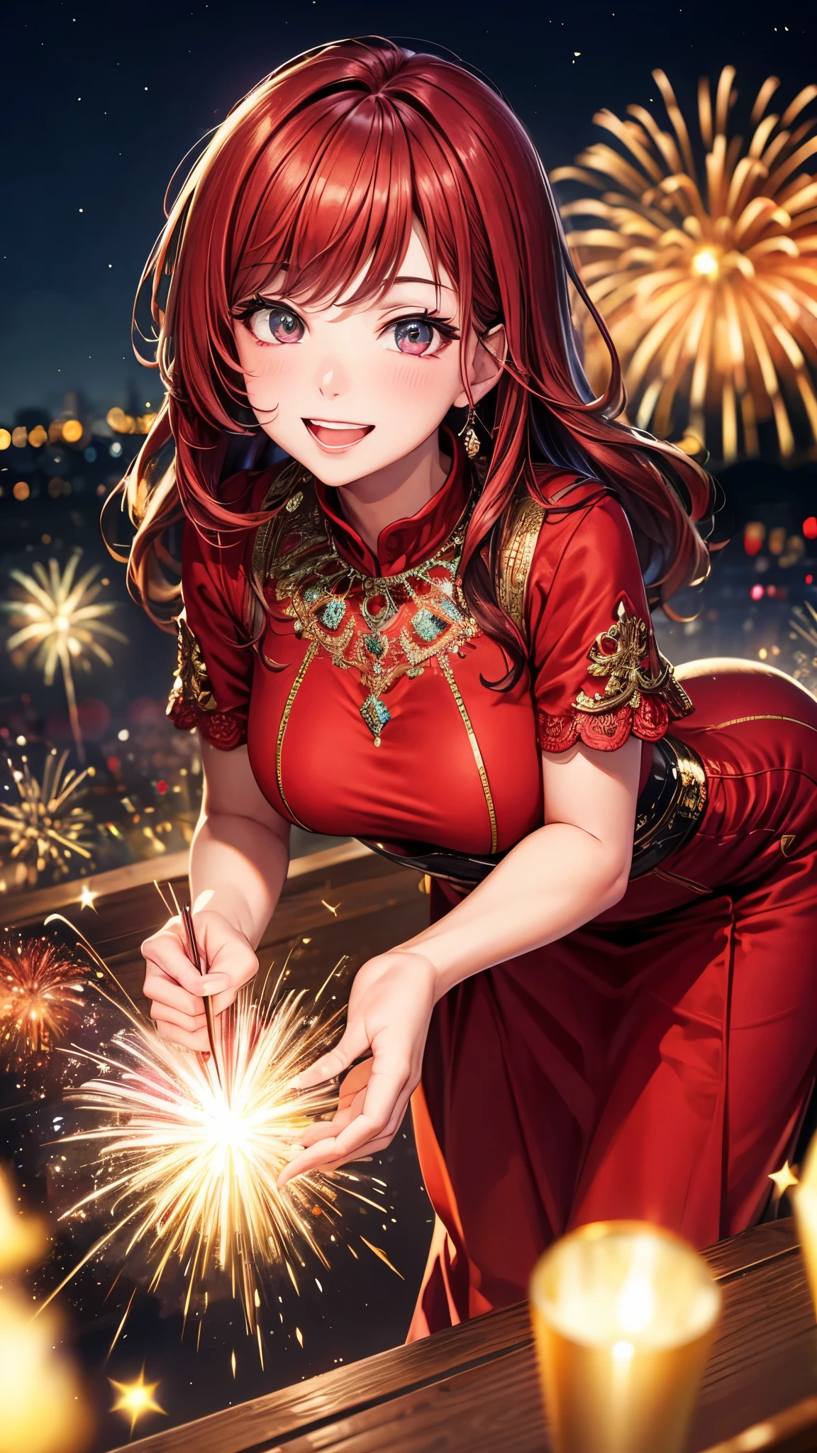 Full HD, Super details, high quality, Loved it, Bokeh, Miss, 30 years, king of stoke, red midi dress, cosmetic, night, fireworks lights, Smile, lens flare,hand to mouth,close to viewer,leaning forward,
