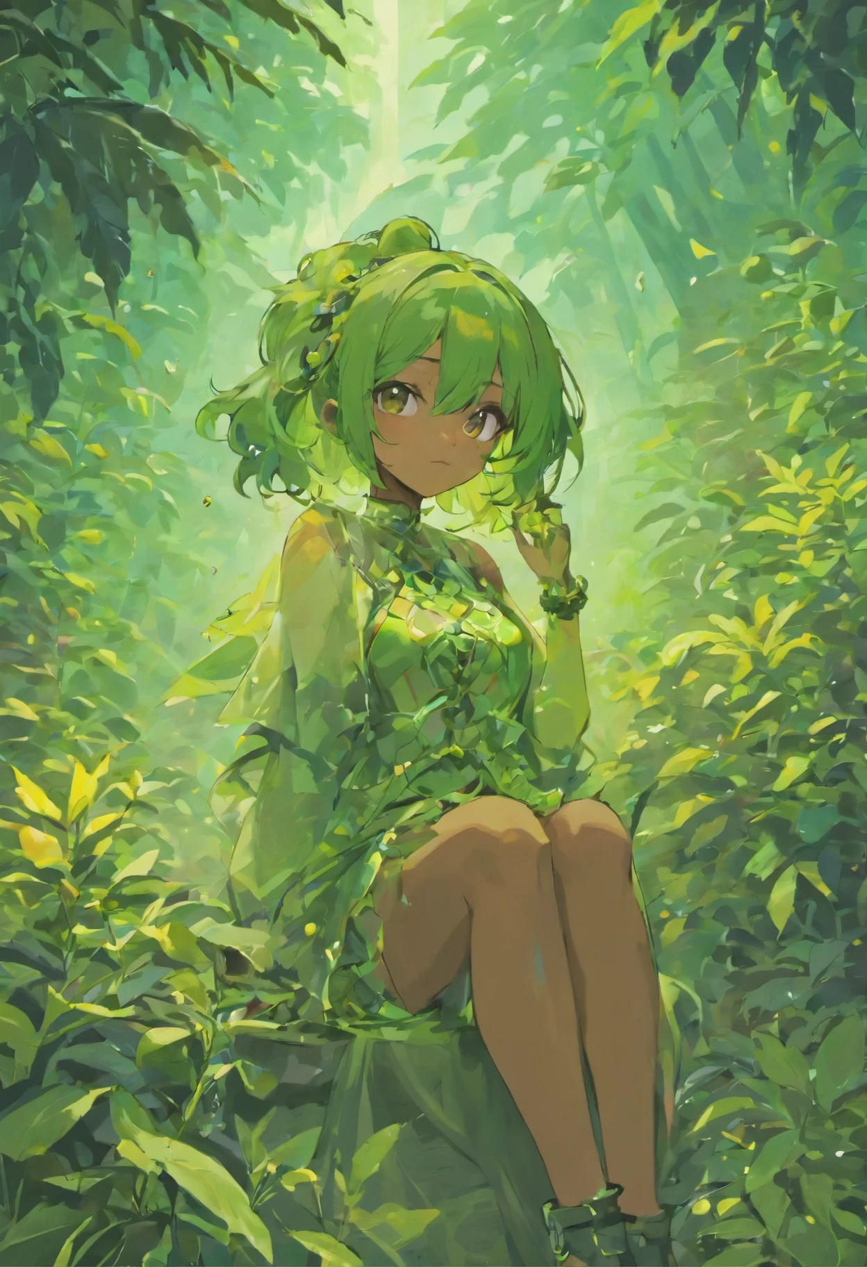 ((determined ((dark-skinned ((Haitian)) female atompunk alchemist)) outside rolling up herbal joint while alchemy set boils bubbles and fumes, (wearing detailed flowing outfit), (wearing snake choker), (cannabis flower tattoos on arms and legs), high quality photo, relaxing and smoking in the garden (with copious tall cannabis sativa plants and hydrangeas surrounding scene during foggy sunrise)