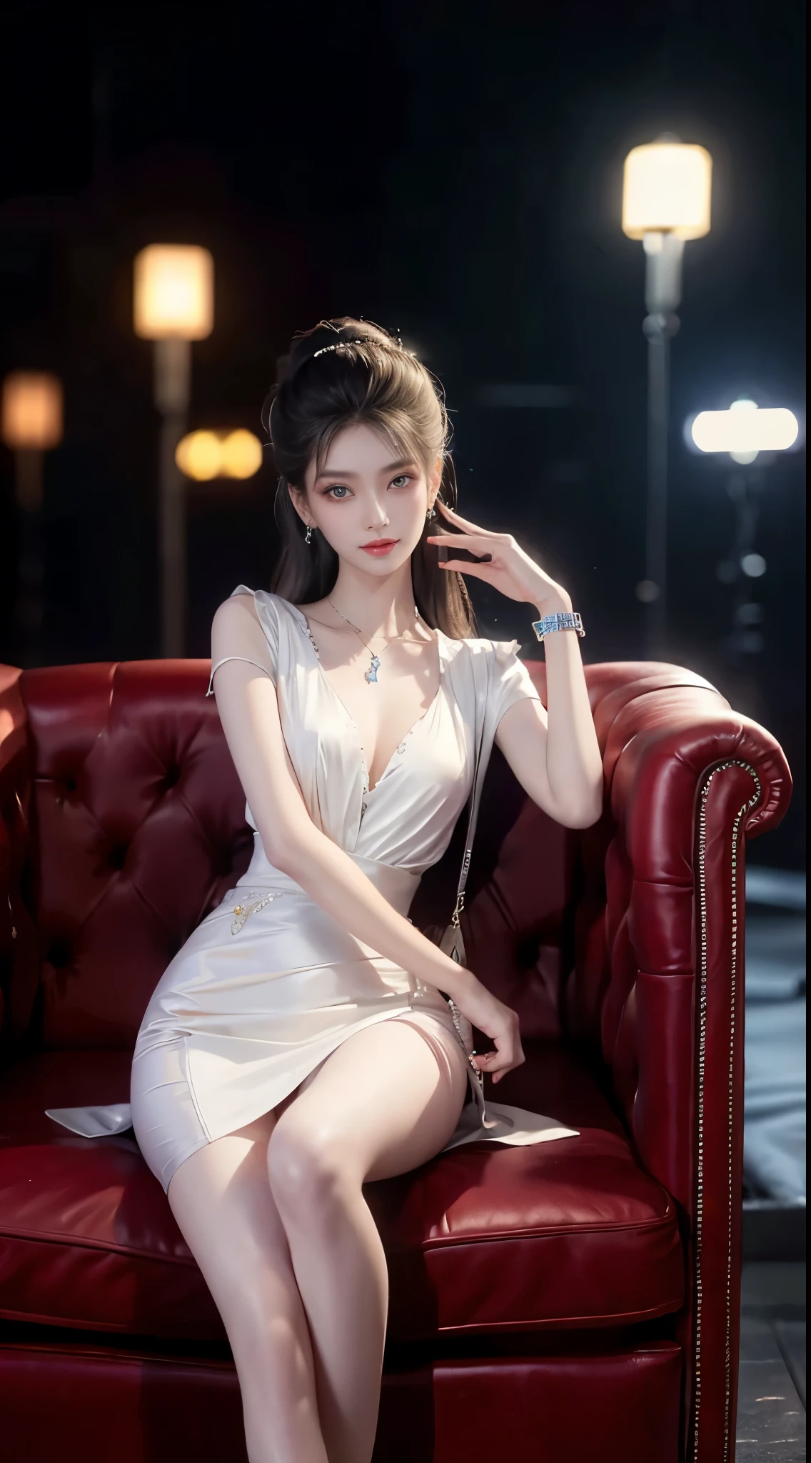 gufeng,bare shoulders, ((whole body)), ((Shot from random angles)), ((sitting position)), ((in the classroom, sitting on the podium)), (Yushuxin,1 girl,alone), clear face, pretty face, 8k, masterpiece, original photo, best quality, detail:1.2,lifelike, detail, Very detailed, CG, Unite, wallpaper, depth of field, movie light, lens flare, Ray tracing, (extremely beautiful face, beautiful lips, beautiful eyes), complex, detail的脸, ((ultra detailed skin)), 1 girl, in the darkness, deep shadow, beautiful korean girl, kpop idol,(Very slim figure:1.3), plump breasts, big breasts, Slender sexy legs, very nice legs, elegant posture, (bright smile), (City night, (neon lights), (night), beautiful korean girl, white diamond earrings, diameter bracelet, Dia Necklace, clear eyes, (big eyes)