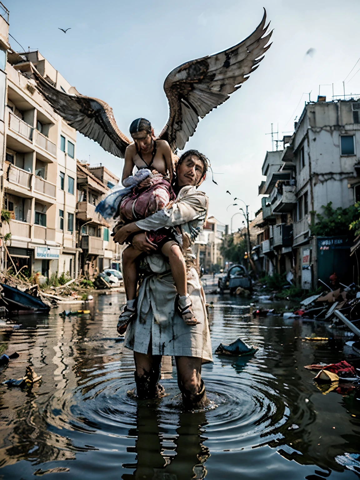 A handsome man, with wings, flying above the sky, visual effect, a man is carrying a woman wearing cloth, in both hands, with the background, a destroyed city, which is filled with murky water, and debris, flowing fast, like tsunami, realistic 3D art
