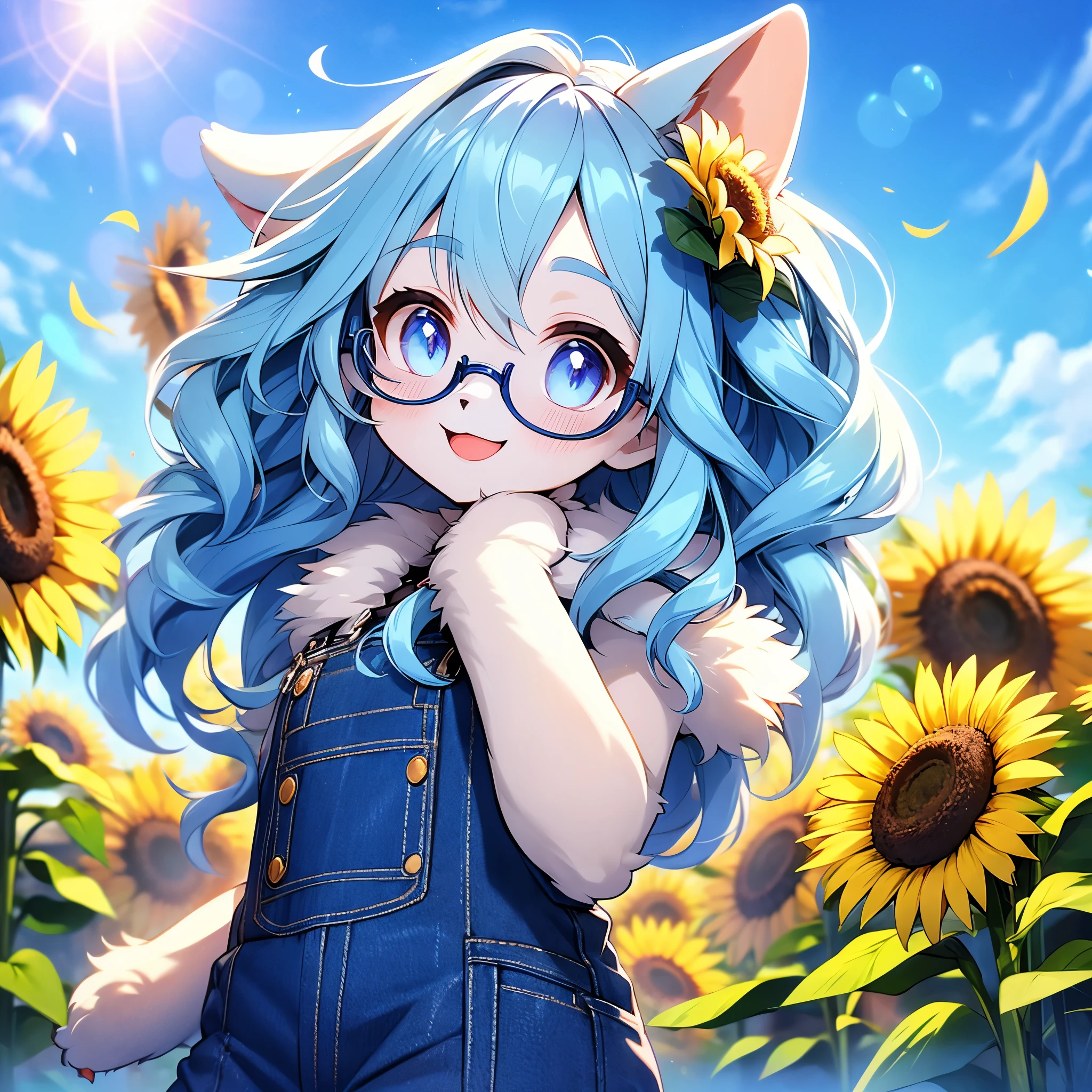 cat furry girl,neck fur,ultra detailed fur,blue long hair,wavy hair,denim overalls,blush,glasses, smile,happy,looking at viewer,sunshine,blue sky,sunflower field