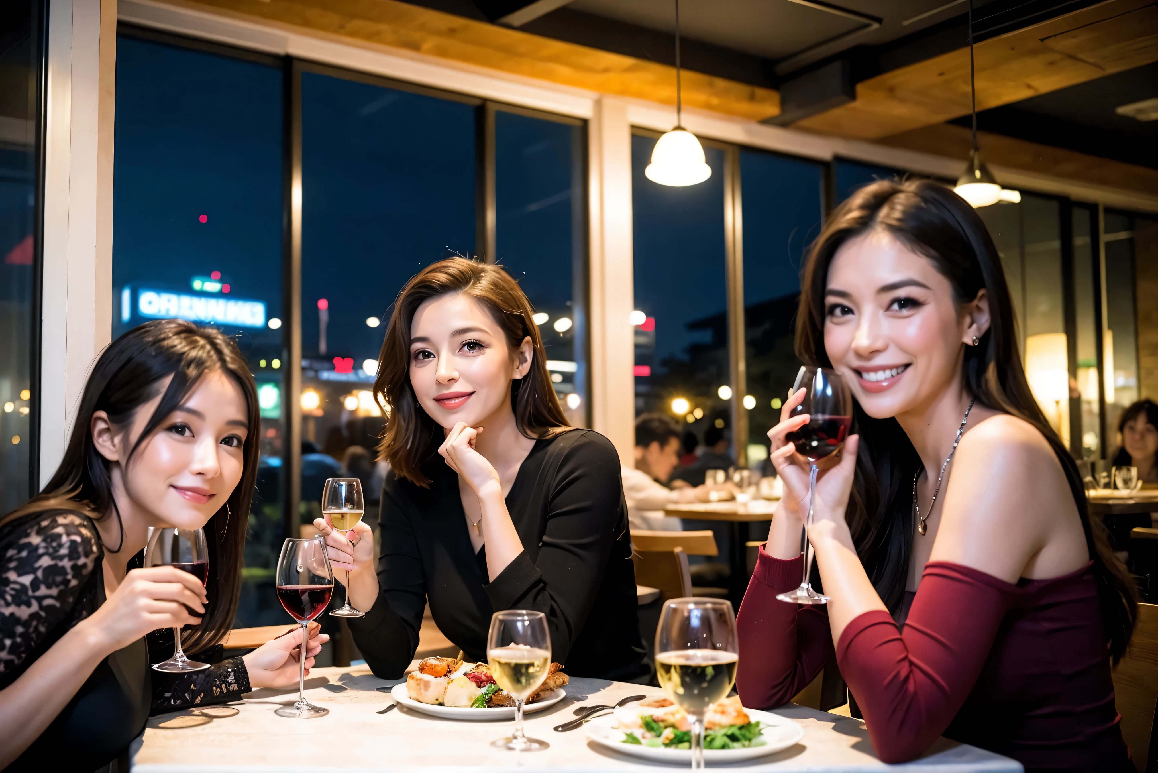 64k, UHD, highest quality, masterpiece: 1.2), (realistic, photorealistic: 1.37), Super detailed, celebration party、beauty、beautiful mature woman、3 women who love wine、Three Men、champagne、Sparkling wine、winter night、restaurantでワイン宴会、(slimな男女4名),(Wine party for 5 people)、(slimフェイス),Happy、 最高なsmile、Fox Face、Raccoon face、Berry Short、(because I'thin), (brown hair), (shortcut), long sleeve shirt、winter fashion、Colombia、Brazilian、Japanese、Dutch、German、Portuguese、Belgian、Italian、french, (gushing), (slimボティ), (brown hair), (shortcut), 端正なbeauty、cheeks blush a little, (41 years old), 38 years old, 35 years old、 A beautiful and detailed night view spreads out outside the window....., restaurant, wine glassが座っている, At night, in a prominent place (from the Upper body) nova frog style, actress, model, Upper body, White wine, slim, wine glass, Very beautiful night view, wine glass Put in the Middle, Happy smile, (smile: 1.15),