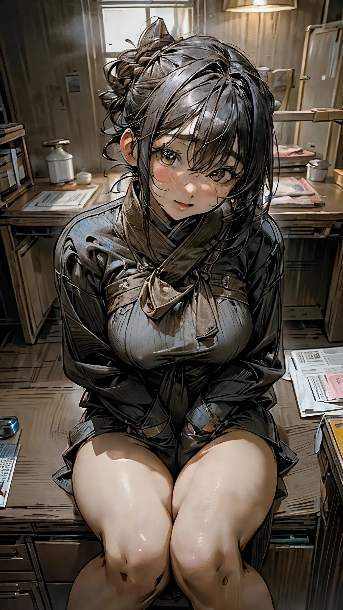 Portrait of a Korean woman, young, beautiful, black hair tied in a bun, naked, aroused, masturbating, visible vagina with thick hair, squatting position on a work table, legs spread wide. Very realistic photo, UHD 32k quality, very perfect details.