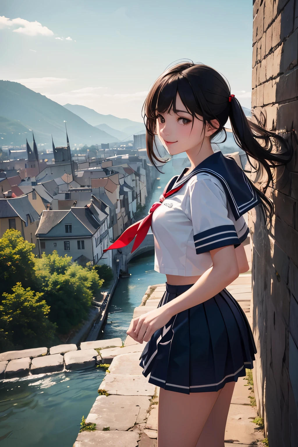 very cute and beautiful girl,teen,(highly detailed beautiful face),
smile,black hair,low twintails,(sailor school uniform,pleated navy blue mini skirt),dynamic pose,looking at viewer,
many european houses with red roof,(town overview),narrow river and stone bridge far away in distance,detailed landscape,
(best quality,masterpiece:1.2),absurdres,highres,ultra-detailed,extremely detailed,32k,8k resolution,
intricate details,cinematic scene,detailed background,solo,dynamic angle,
solo,hair fluttering in the wind,beautiful detailed sky,