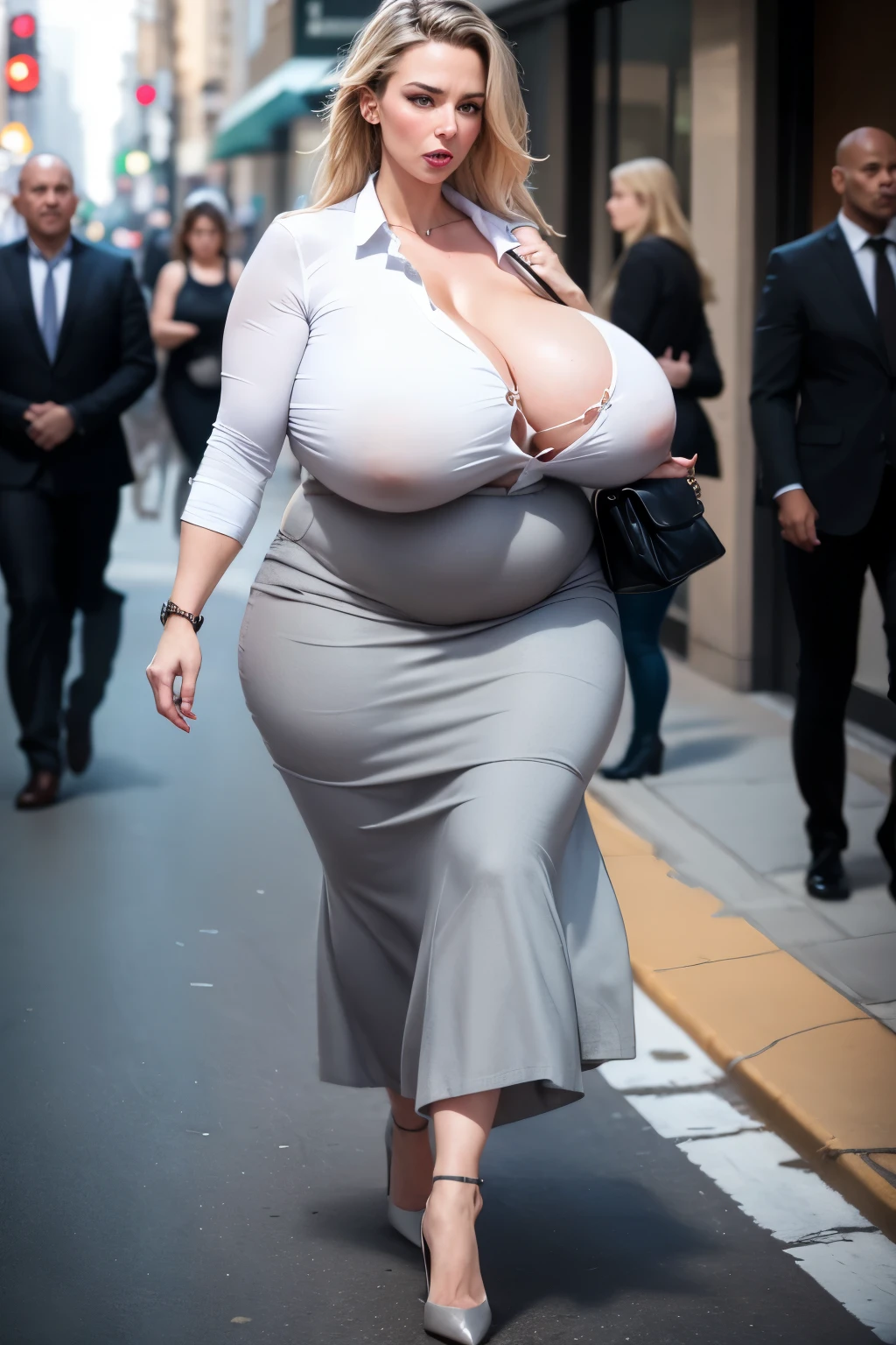 A 35 years old woman, walking in the street in a modern city. Wearing a light grey business shirt, long skirt, high heels, extremely huge saggy breasts, little belly, She is in a hurry. Looking stressed. Holding her breasts with her right arm.