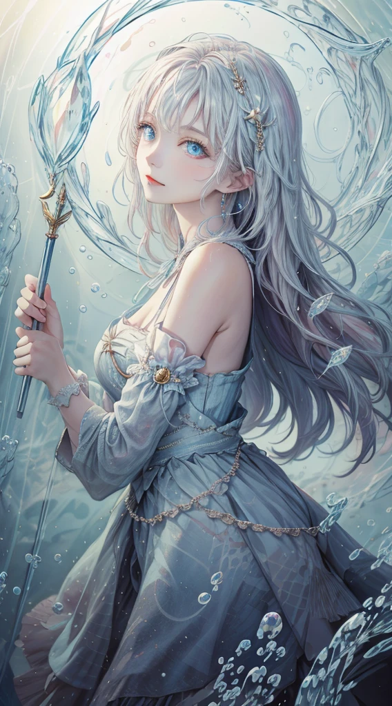 masterpiece, highest quality,1 girl, witch, ((witchの帽子)), Magical girl,blue clothes, blue long hair, shining blue eyes, white skin, Slender, magic wand, smile, High Fantasy,dreamy digital painting, magical colors and atmosphere,soft light, fantasy art,small breasts,((sideways glance)),,short,The feeling of gently flowing water,floating water sphere,light blue space