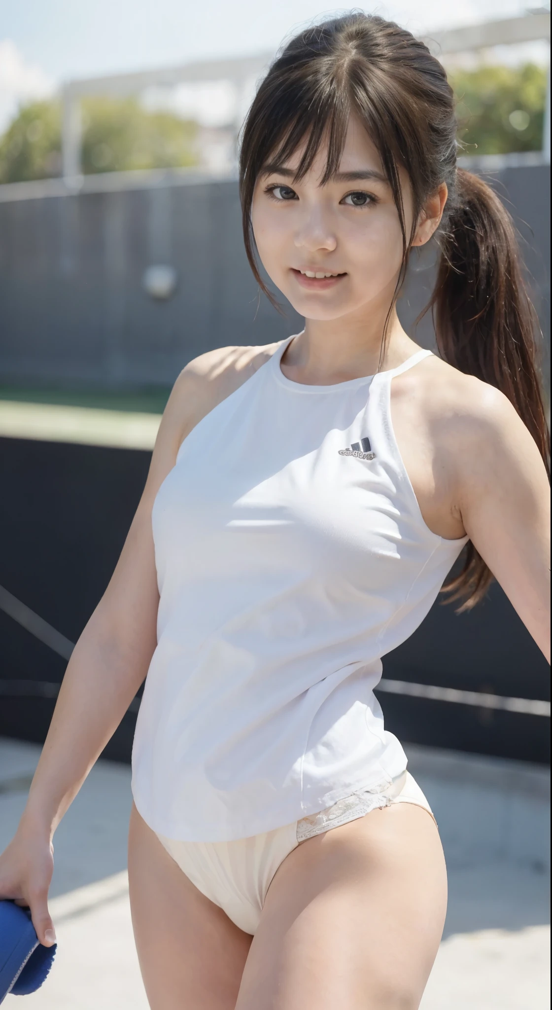 (8K, highest quality, masterpiece: 1.2), (realistic, realistic: 1.37), Super detailed, 1 girl, 18-year-old, White undercoat、、白いpanties、ponytail、美しいpanties、big, beauty, cute, bigおっぱい、smile, alone, tennis wear, mini skirt, White undercoat、beautiful thighs、White undercoat、Beautiful camel toe、panties、Tennis court, racket, tennis ball, (nose redness), (smile: 1.15), (opened mouth), beautiful eyes, (long hair: 1.2), floating hair nova frog style, Upper body