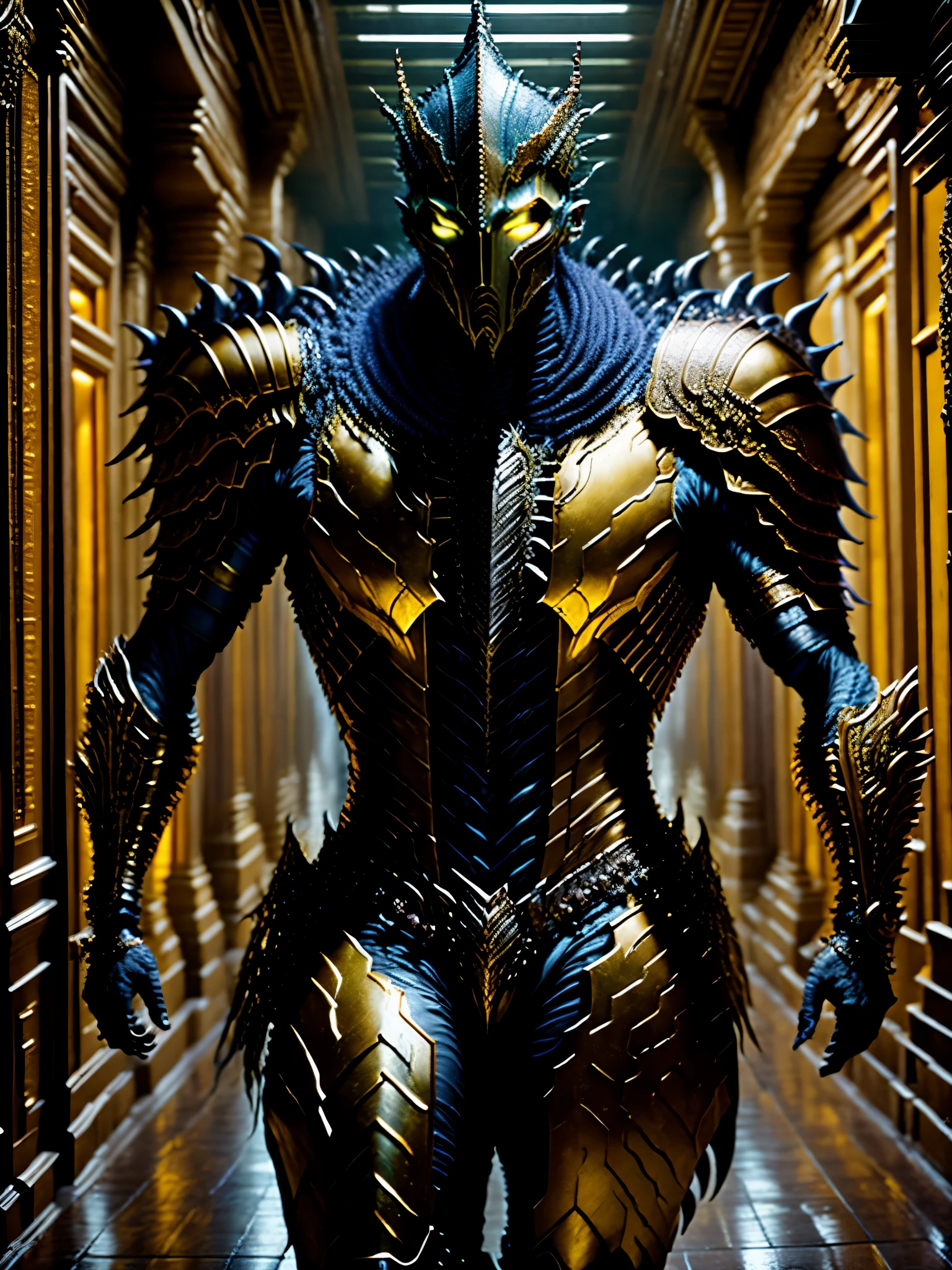 HDR photo of ici, a young alien prince in elegant armor, large hallway with yellow ceiling lights . High dynamic range, vivid, rich details, clear shadows and highlights, realistic, intense, enhanced contrast, highly detailed