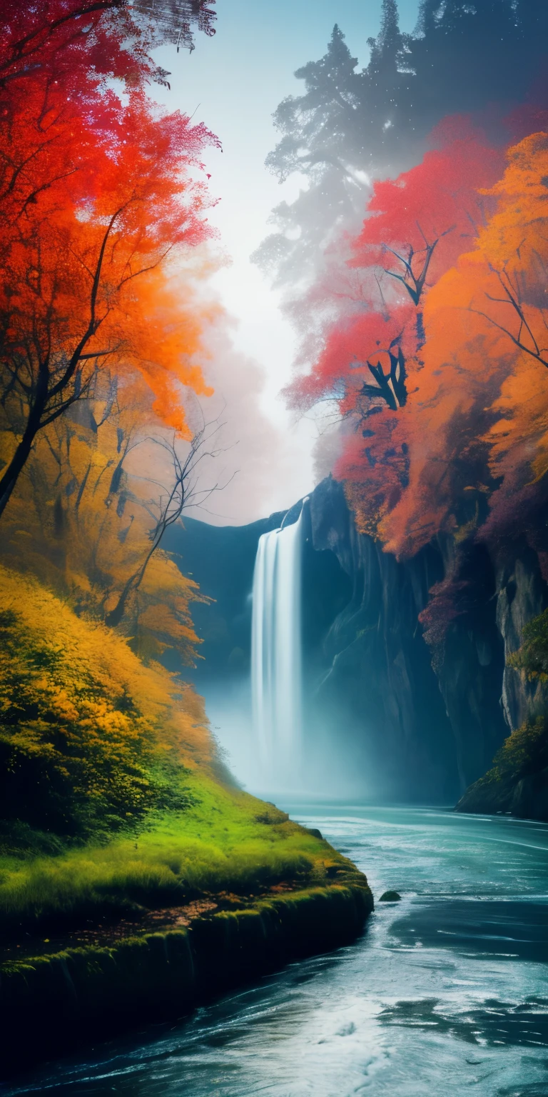 analog style,ChromaV5,nbing punk,(Highly detailed CG Unity 8K wallpaper),The image of a majestic river, Side trees々, tiny waterfall, Intense fog ,award winning photography, chromatic aberration, be familiar with , HDR, bloom, Monet's style, Hisaka, and sisley ,Trending with ArtStation, trending on cgsociety, The Art of Mid-Journey