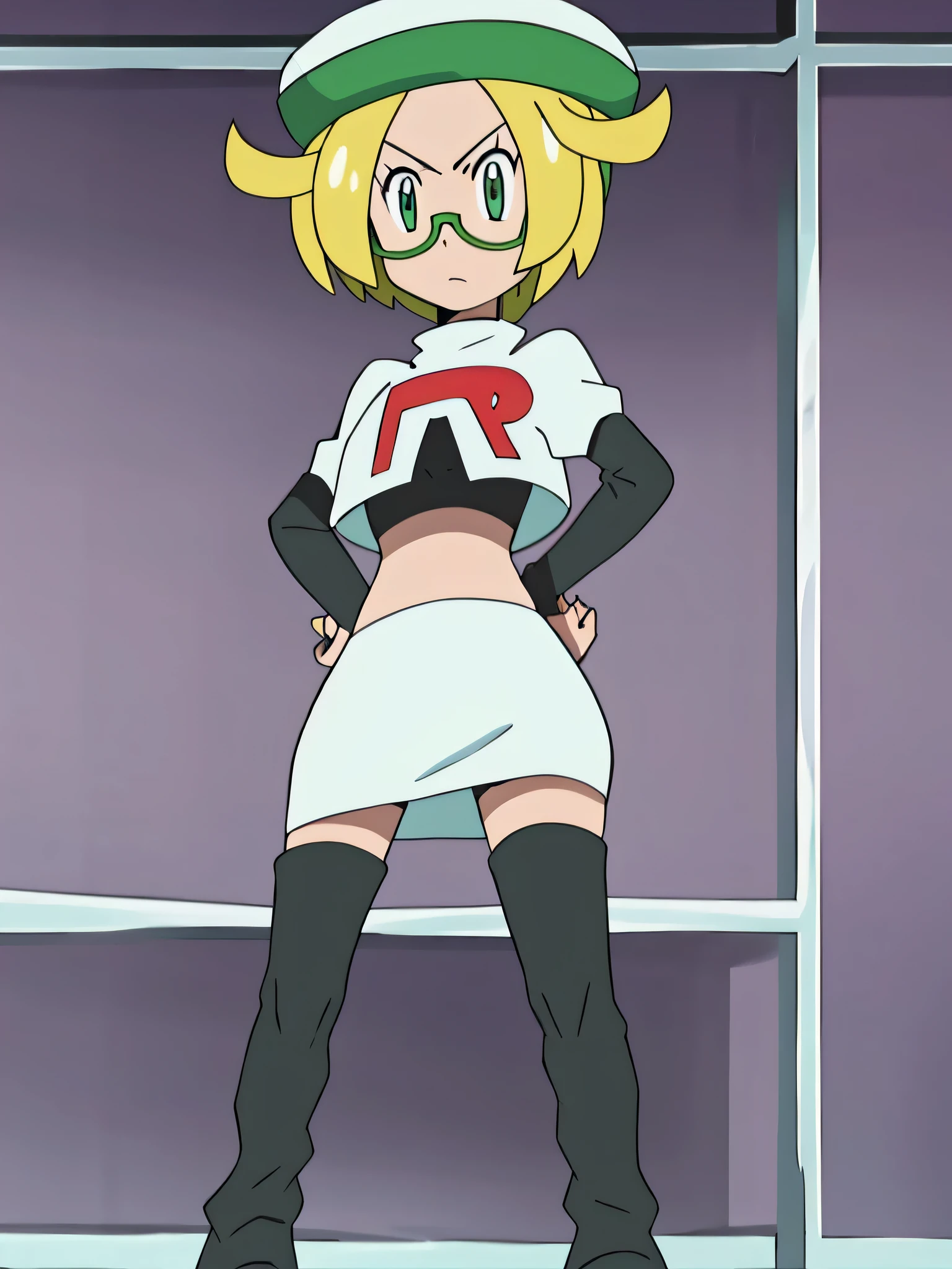 masterpiece, ultra high quality, highres,team rocket uniform, red letter r, white skirt, white crop top, black thigh-high boots, black elbow gloves, glaring angrily, looking at viewer, hands on hips, full body seen, zettai ryouiki, Bianca, green hat, glasses ,ftom below