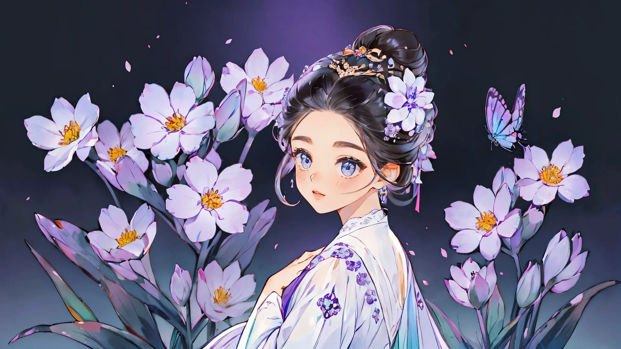 1 Sister, Alone, looking at viewert, face flushed, Background with, black hair color hair, hair adornments, longer sleeves, white backgrounid, everlasting, Full body lesbian, flowers blooming, purpleish color, hairflower, hair-bun, butterflys, tmasterpiece, recent quality, The finest details, Clear facial features, beautidful eyes