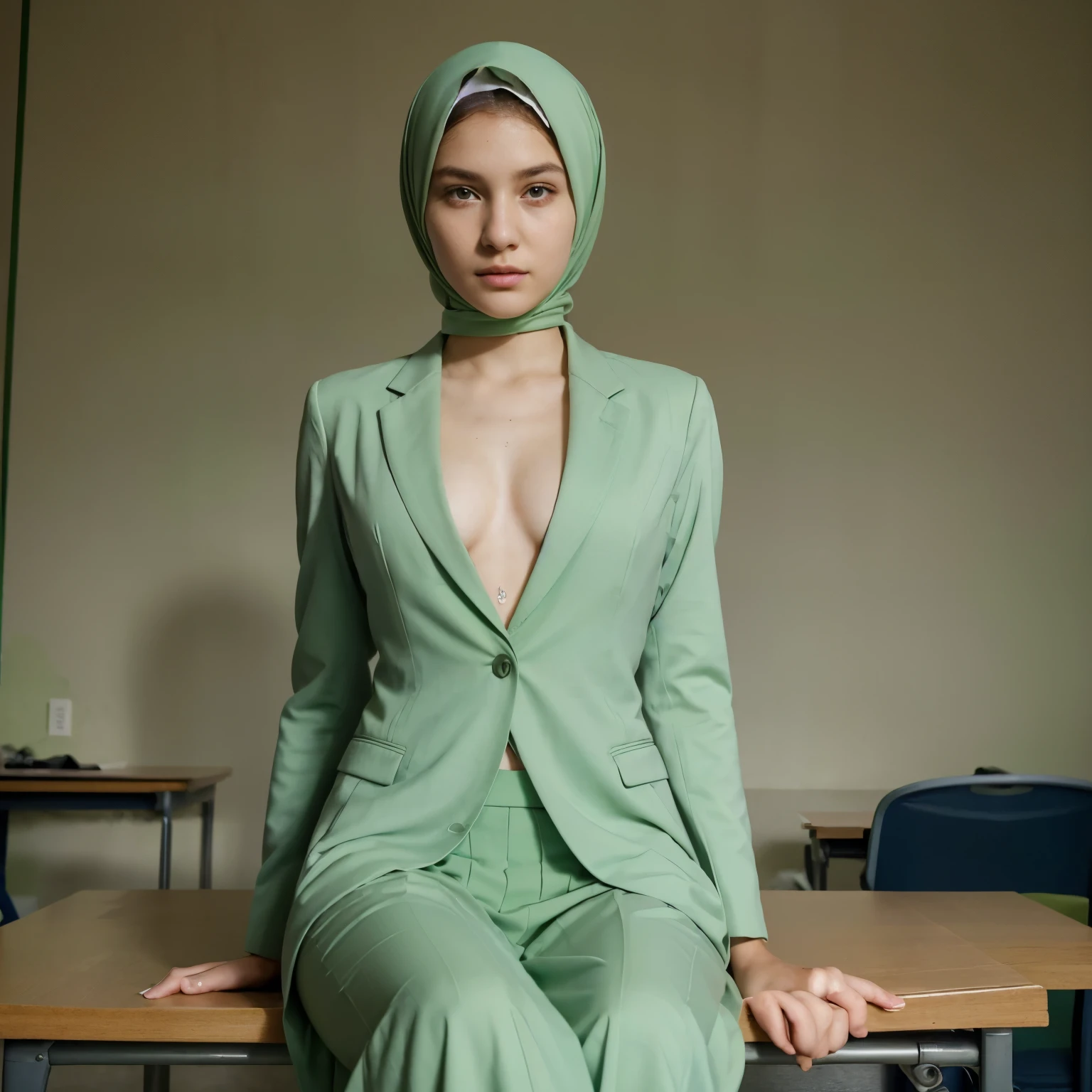 photography of a 20yo woman, perfect face, masterpiece, teaching at class, (wear a light green suit without shirt but she still athached her suit buttons and not open her suit), light green hijab, sitting on the teacher table, her angle to the viewer, (closed suit), long skirt, athached suit buttons