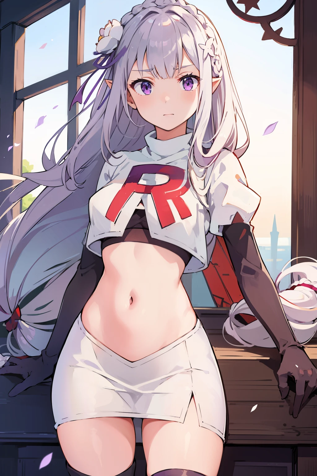 rezeroemilia, emilia, braid, crown braid, flower, hair flower, hair ornament, hair ribbon, long hair, low-tied long hair, (purple eyes:1.2), pointy ears, white flower, x hair ornament,team rocket,team rocket uniform, red letter R, white skirt,crop top,black thigh-high boots,black elbow gloves,