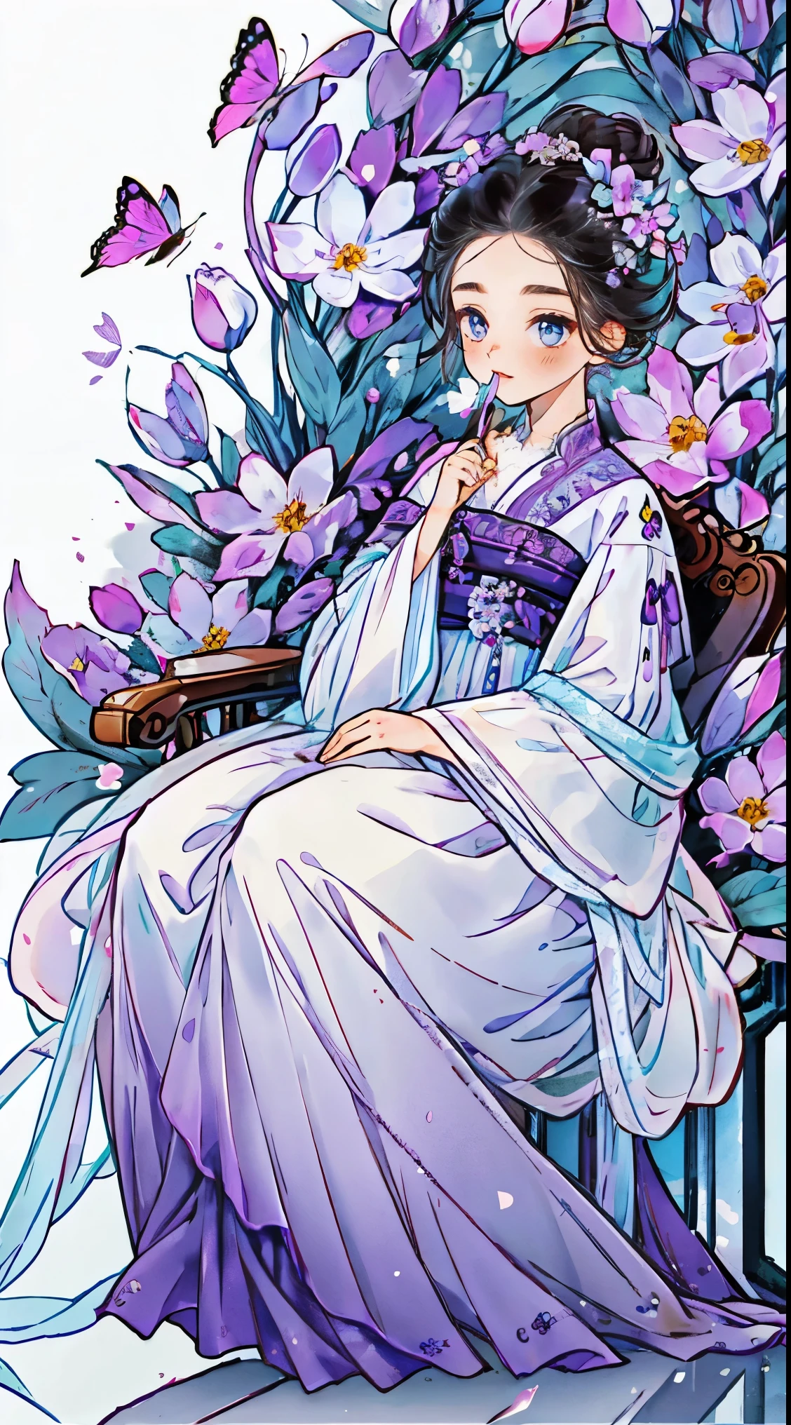 1 Sister, Alone, looking at viewert, face flushed, Background with, black hair color hair, hair adornments, longer sleeves, white backgrounid, everlasting, Full body lesbian, flowers blooming, purpleish color, hairflower, hair-bun, butterflys, tmasterpiece, recent quality, The finest details, Clear facial features, beautidful eyes