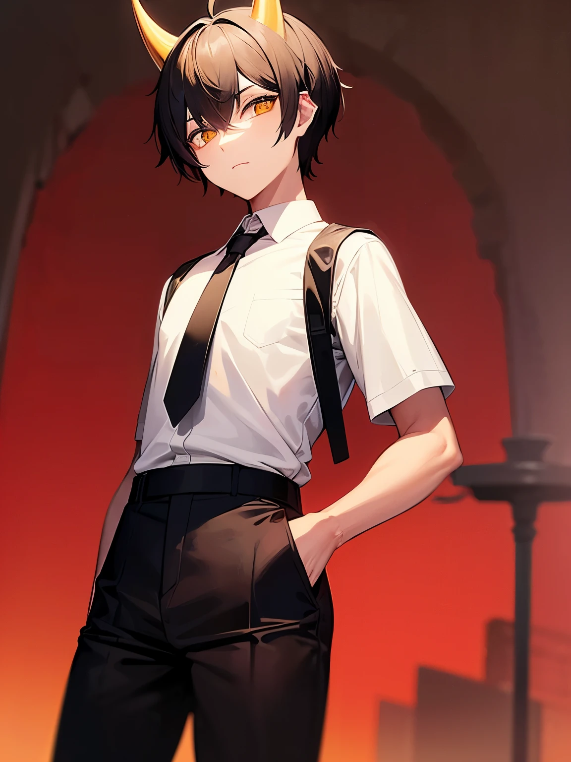 Boy. Very short hair. Black hair. Golden eyes. Golden energy horns on the head. Tanned skin. Body a little defined, slim. Loose clothes. Calm and slightly serious look. Black pants. White shirt. 19 Year.