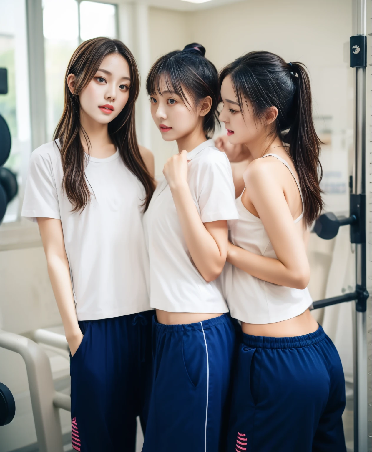 3 girls in fitness center, Navy blue short-sleeved shirt,Navy Long Trackpant,Sweatpants, Sweatpantsขายาว,25 year old girl, lesbian, sexy, exercise clothes, wet body, exercise clothes