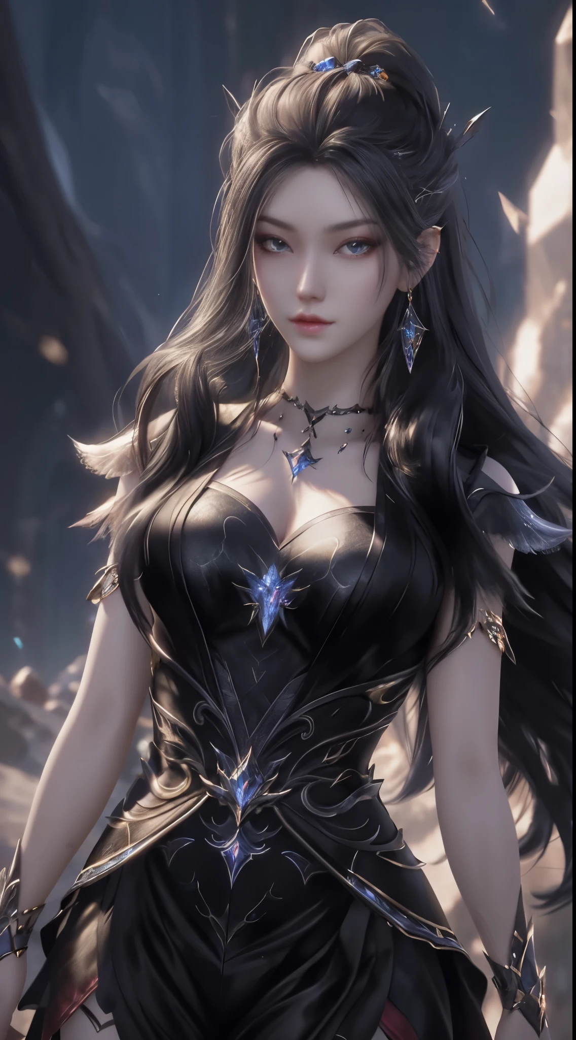 （《piece》Boyahan Cook，black long straight hair，princess cut hairstyle，（Facial expression is perfect，Exquisite facial features），Crystal twinkle，Refracted rays， fantasy art style, 8k high quality detailed art, digital fantasy art ), 3D rendering character art 8K, 4k highly detailed digital art, fantasy art behavior, Fantasy style 8k octane rendering, beautiful fantasy art, Stunning fantasy 3D rendering, 8k artistic german bokeh，depth of field