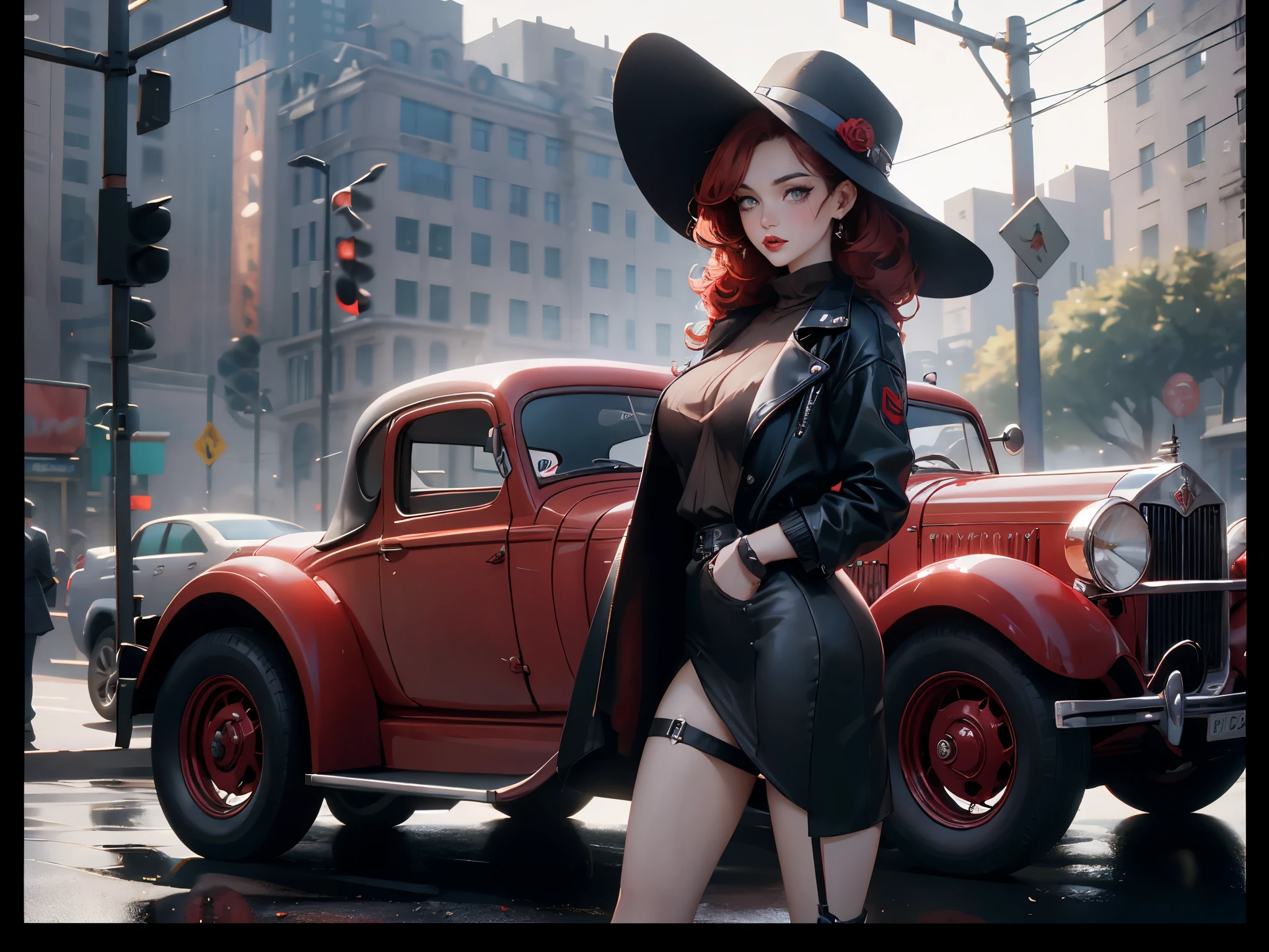masterpiece, pale skin, red lips, light eyes, eye shadow, Frontal shot of a beautiful red-haired woman with medium curly hair standing on the street，Holding Thompson drum M1928A1 in hand, Behind her is a 1928 Cadillac Town Sedan，Green on the left, She&#39;s wearing a red and black mafia suit, Mafia style skirt and jacket draped over shoulders, She is also wearing a hat, Garter holder and heels, Very detailed的身体, Detailed car and clothes, chiaroscuro, Natural light, Very detailed, She and the car focus on images