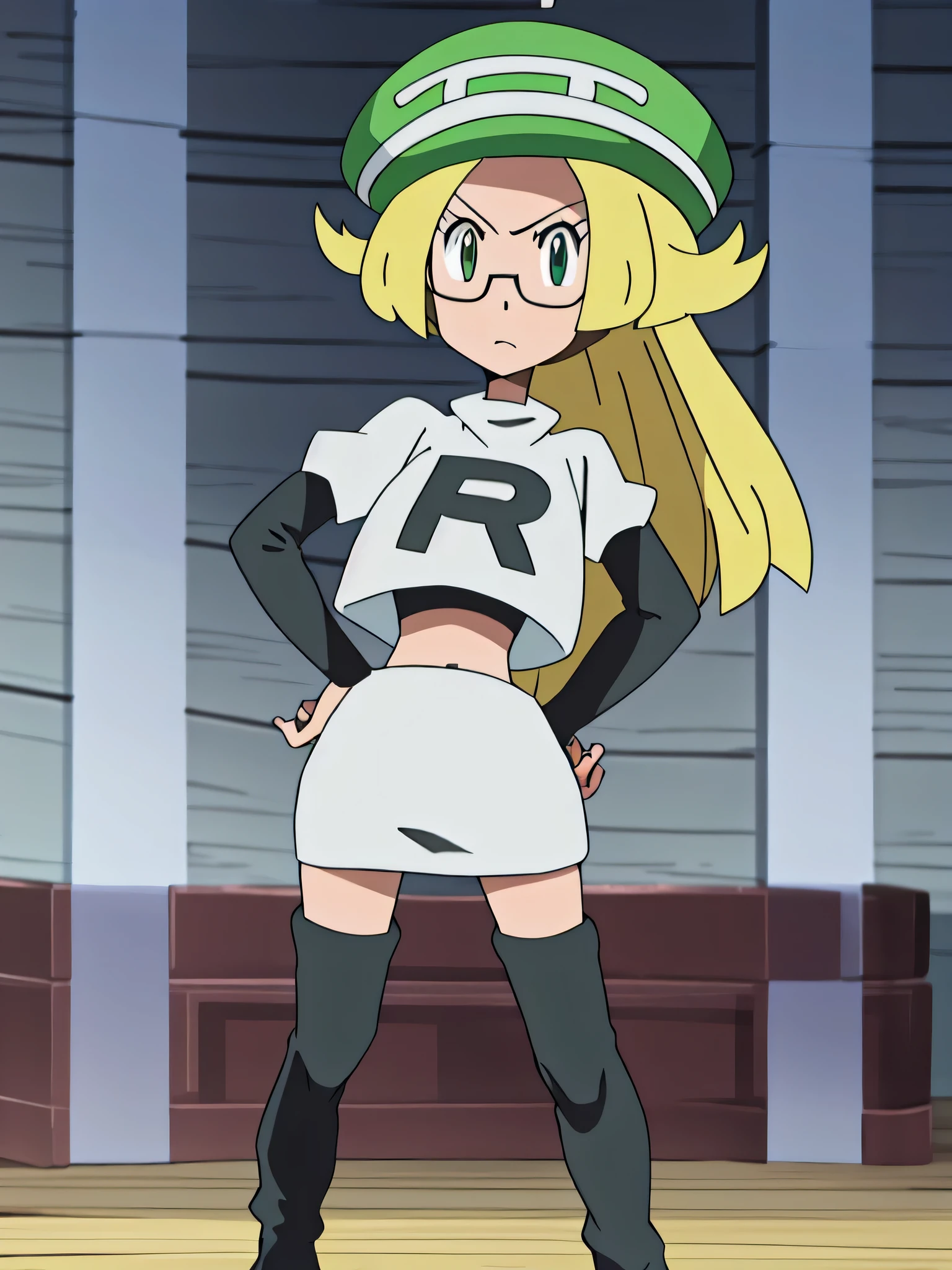 masterpiece, best quality, highres,team rocket uniform, red letter r, white skirt, white crop top, black thigh-high boots, black elbow gloves, glaring angrily, looking down at viewer, hands on hips, full body seen, zettai ryouiki, Bianca, green hat, glasses contrapposto
