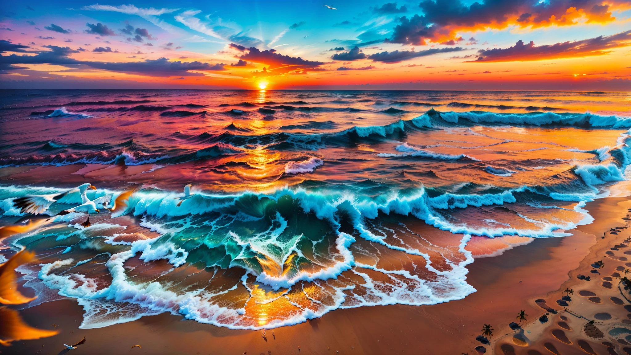 An absolutely mesmerizing sunset over the beach, with a blend of oranges, pink, and yellows filling the sky. Crystal-clear waters of the sea gently kissing the shore, with sandy white beach stretching far and wide. The scene is dynamic and breathtaking, Seagulls soar high into the sky、Palm trees sway gently. Embrace a calm atmosphere、Wash away the peace.