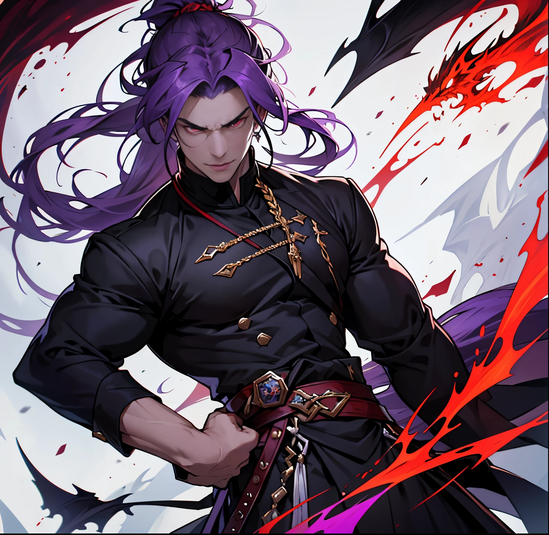 like all the demon prince, I am quite tall. I have purple hair tied back in a ponytail, and red eyes with sharp silver pupils. I wear fine clothes, as befits a prince of Hell, though they are always black. My demeanor is haughty, arrogant, and superior to others. I carry myself with confidence and a sense of pride that is unrivaled. When I speak, my words are sharp and my voice is powerful. I am the embodiment of pride and arrogance. handsome male, bara, muscular (8k) (good quality) dark purple hair. Red eyes.