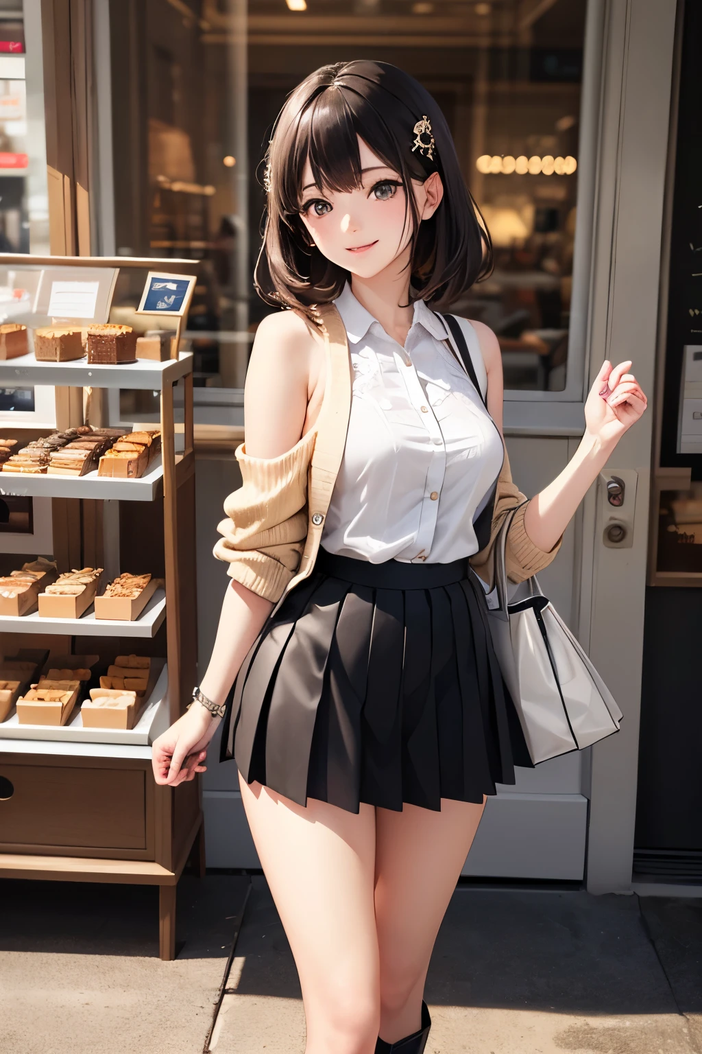 very cute and beautiful girl,(highly detailed beautiful face),(white blouse),
(smile),blush,cowboy shot,looking at viewer,
(beige cardigan:1.2) BREAK zettai ryouiki,brown shoulder bag,(brown boots),
dynamic pose,hair ornament,black hair,(pleated black mini skirt:1.2),skirt lift,white panties,
standing in front of cake shop show window,downtown street,crowd,people,
(best quality,masterpiece:1.2),absurdres,highres,ultra-detailed,extremely detailed,32k,8k resolution,
intricate details,cinematic scene,detailed background,solo,dynamic angle,
natural lighting,hair fluttering in the wind,beautiful detailed sky,