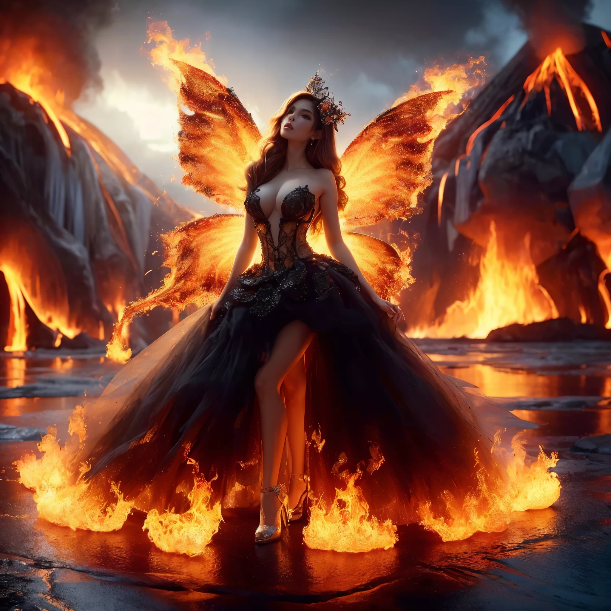 arafed woman with bustier gigantic breast in a
Tight fire corset and flame dress in front of a building, wearing an ornate outfit, ornate dress, intricate dress, elegant flame corset, Transparent corset, ornate and elegant, extravagant dress, inspired by Hedi Xandt, ornate attire, intricate outfit, ornate royal gown, ornate clothing, ornate gown, intricate and elegant, intricate detailed dress, ornate , royal dress, detailed hand, detailed finger, Fire in the body, Fire on the dress, Fire element, Fire wings, Transparent clothing, masterpiece, best quality:1.2),,(8k,highres,RAW photo,realistic,photo-realistic:1.3),(detailed skin texture,detailed cloth texture,detailed flame texture, beautiful detailed face:1.25),professional lighting,photon mapping,beautiful soft light,radiosity,physically-based rendering,raytracing, model shoot style, model shoot style, (extremely detailed CG unity 8k wallpaper), full shot body photo of the most beautiful artwork in the world, (NSFW), (Nude), (Naked), (Nipple)