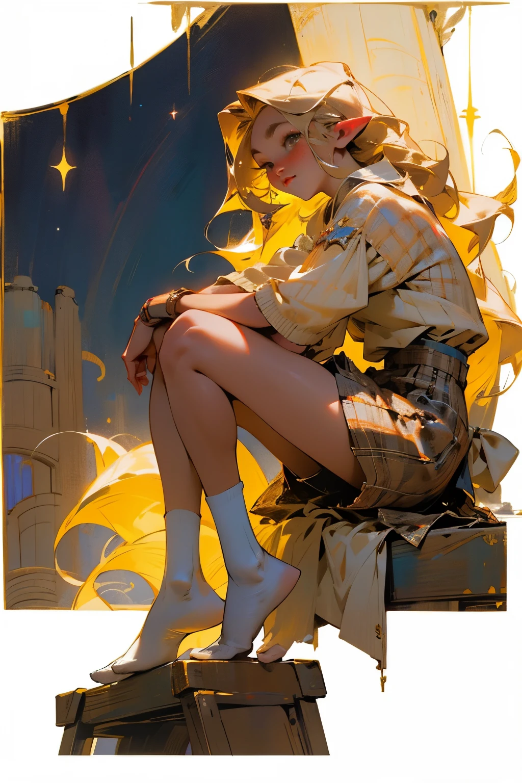 glow,masterpiece, best quality, oil painting portrait style, ,blonde,pointed ears,Plaid skirt,pleated skirt,Big ,white stockings,without wearing shoes,Star,